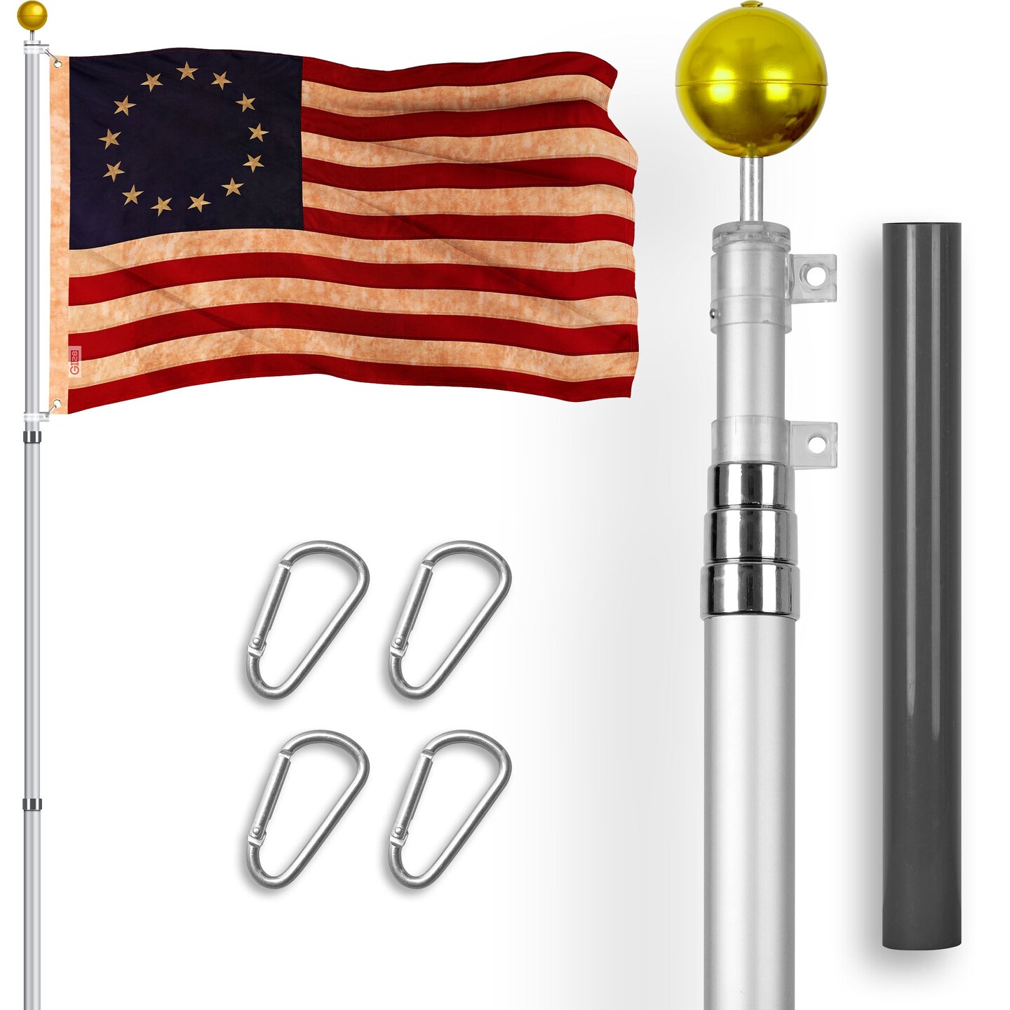 G128 Combo Pack: 16 Ft Telescoping Aluminum Flagpole (Silver) & Betsy Ross Tea-Stained Flag 3x5 Ft, ToughWeave Pro Series Embroidered 420D Polyester | Pole with Flag Included
