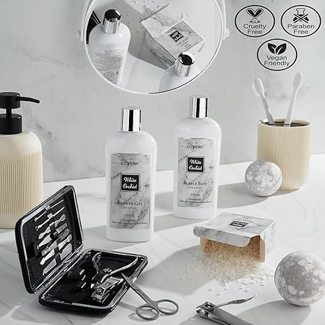 Spa Gifts for Women, Bath and Body Gift Set, White Orchid Self Care Gift Basket for Women Men Girlfriend Gifts for Mom, Spa Kit with Nail Kit, Bath Bombs & More Birthday Personalized Gifts