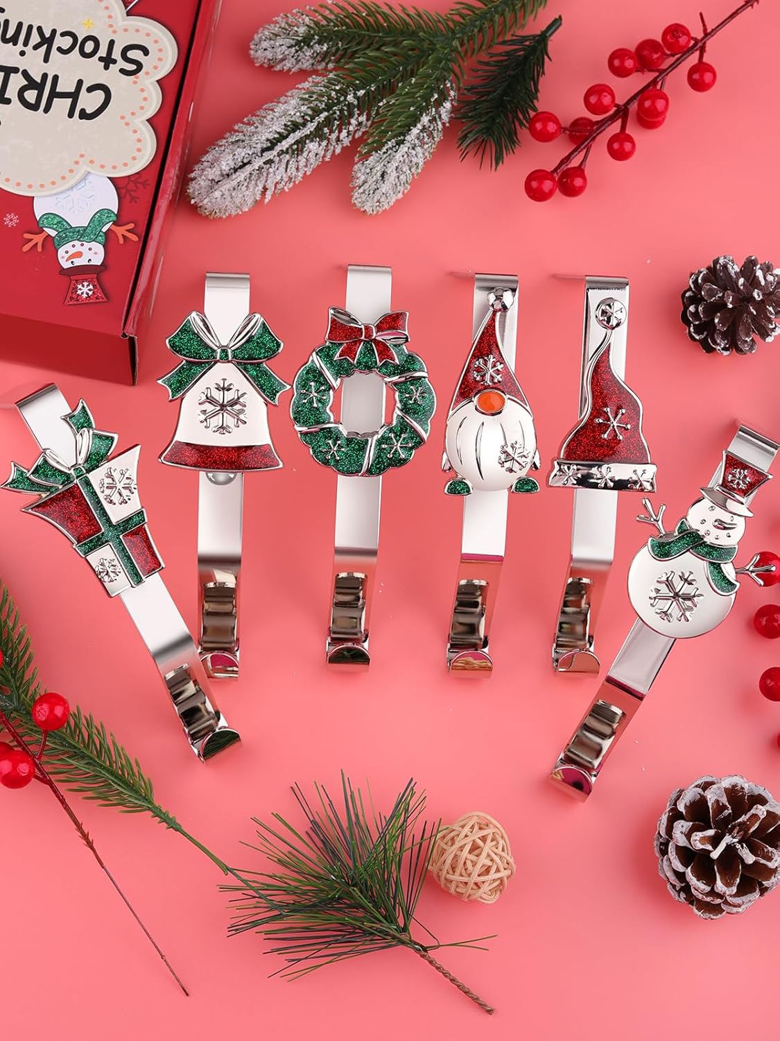 6Pcs Christmas Stocking Holders, Christmas Pattern Design Stocking Hangers Silver Non-Slip Stocking Holders for Mantle Xmas Stocking Hangers for Fireplace Shelf Table Mantel