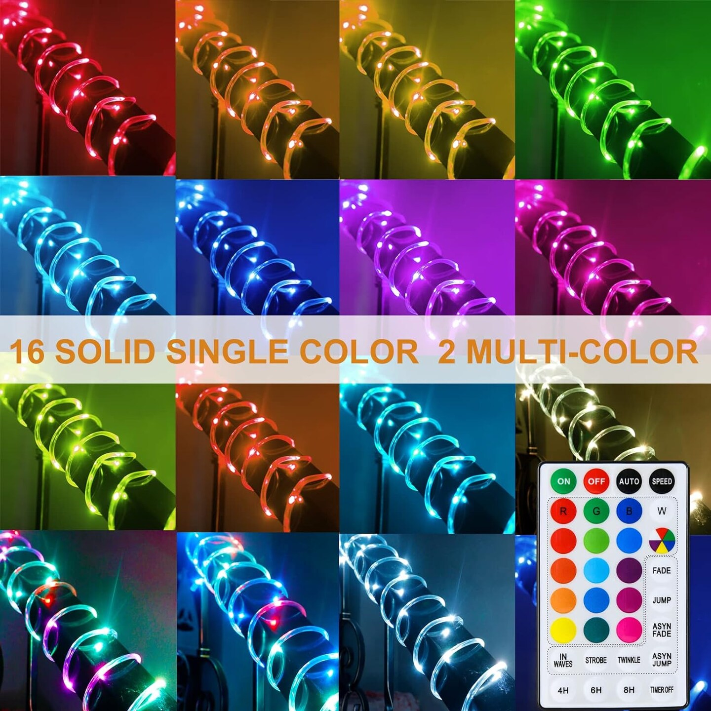 18 Colors 33FT Solar Rope Lights Outdoor Waterproof LED, Color Changing 100 LED Rope Lights Blue Green Pink Fairy String Tube Lights Remote Timer for Garden Fence Tree Party Christmas Holiday Decor