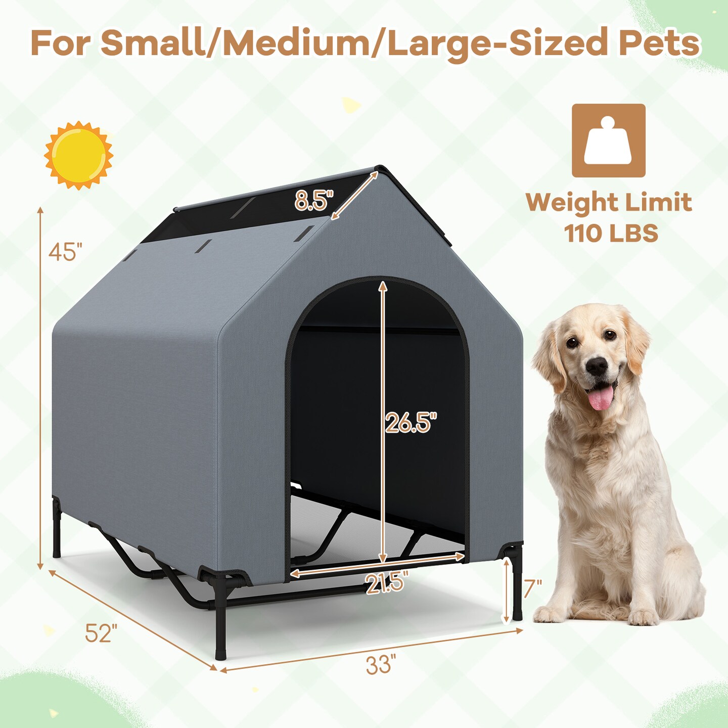 Grey-Black 600D Oxford Elevated Dog House Mesh Fabric Metal 2-in-1