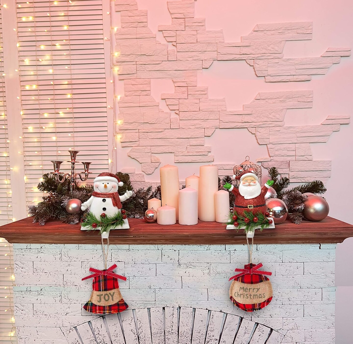 Christmas Stocking Holder Set of 2 Poly Resin Iron Snowman and Santa Stockings Hanger Mantle or Fireplace Decor Durable Long Lasting Decoration