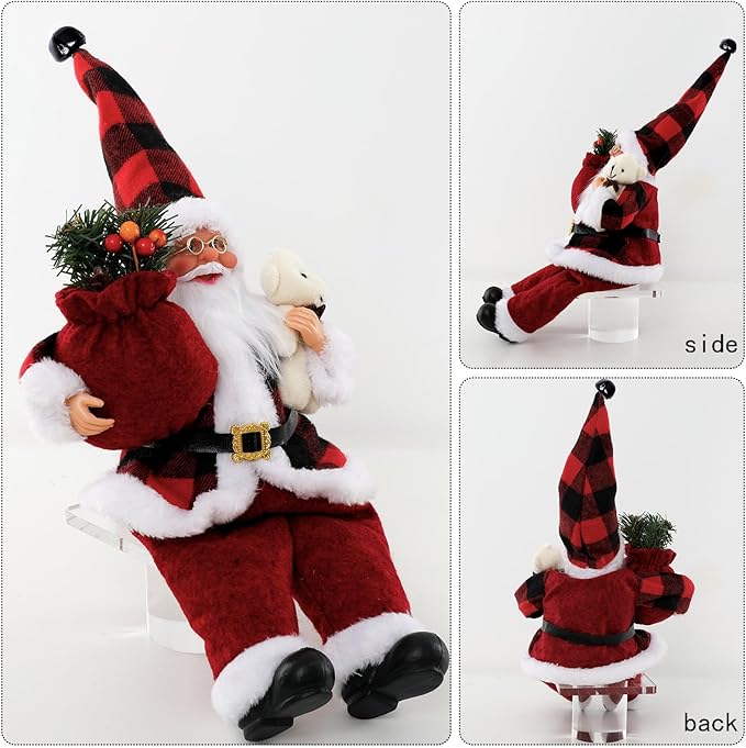 Christmas Sitting Santa Hand Crafted Cute Chic Santa Claus Figurines Doll with Gift Bag and Little Bear Christmas Decoration for Home Office Table Xmas Party Ornament Gift (12 Inch)