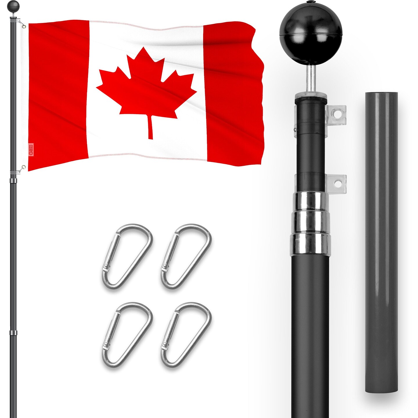 G128 Combo Pack: 16 Ft Telescoping Aluminum Flagpole (Black) &#x26; Canada Canadian Flag 3x5 Ft, ToughWeave Series Embroidered 300D Polyester | Pole with Flag Included