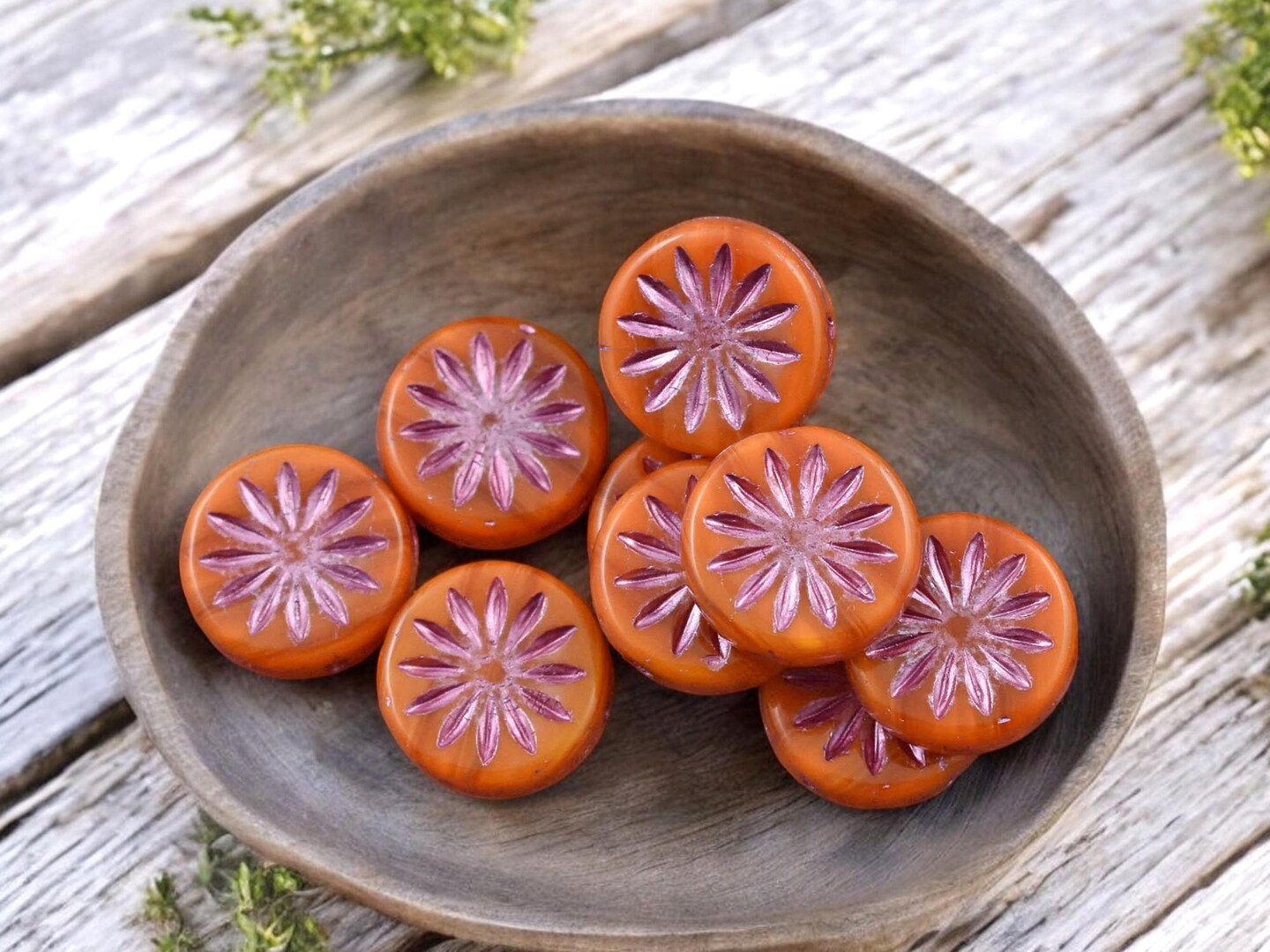 *15* 12mm Pink Washed Orange Opaline Aster Flower Coin Beads