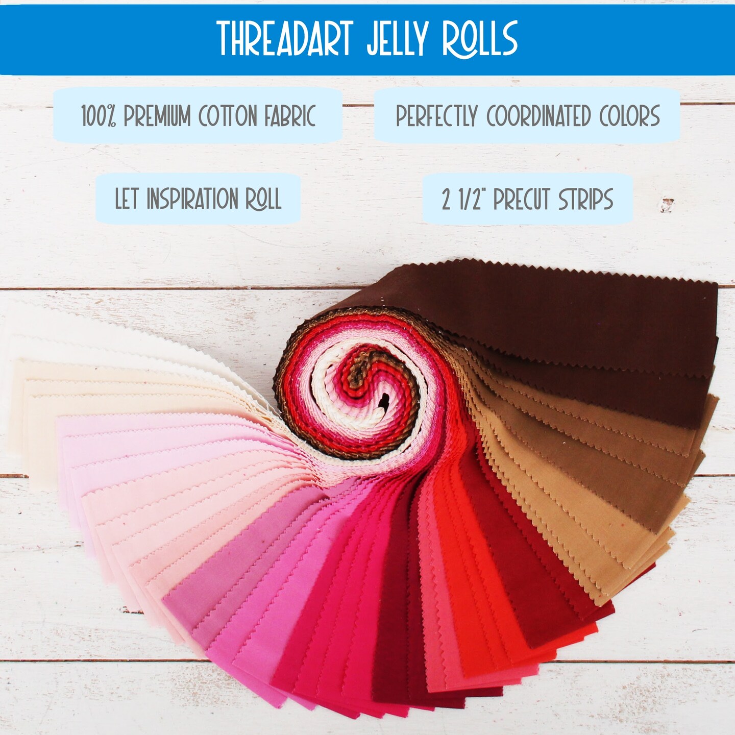 ThreadArt Jelly Roll Fabric Strips for Quilting, Crafting, and Sewing, 40 Precut Fabric Strips in Solids and Prints, Premium Cotton for Quilts, Crafts, Rugs, Blankets, Clothing and More