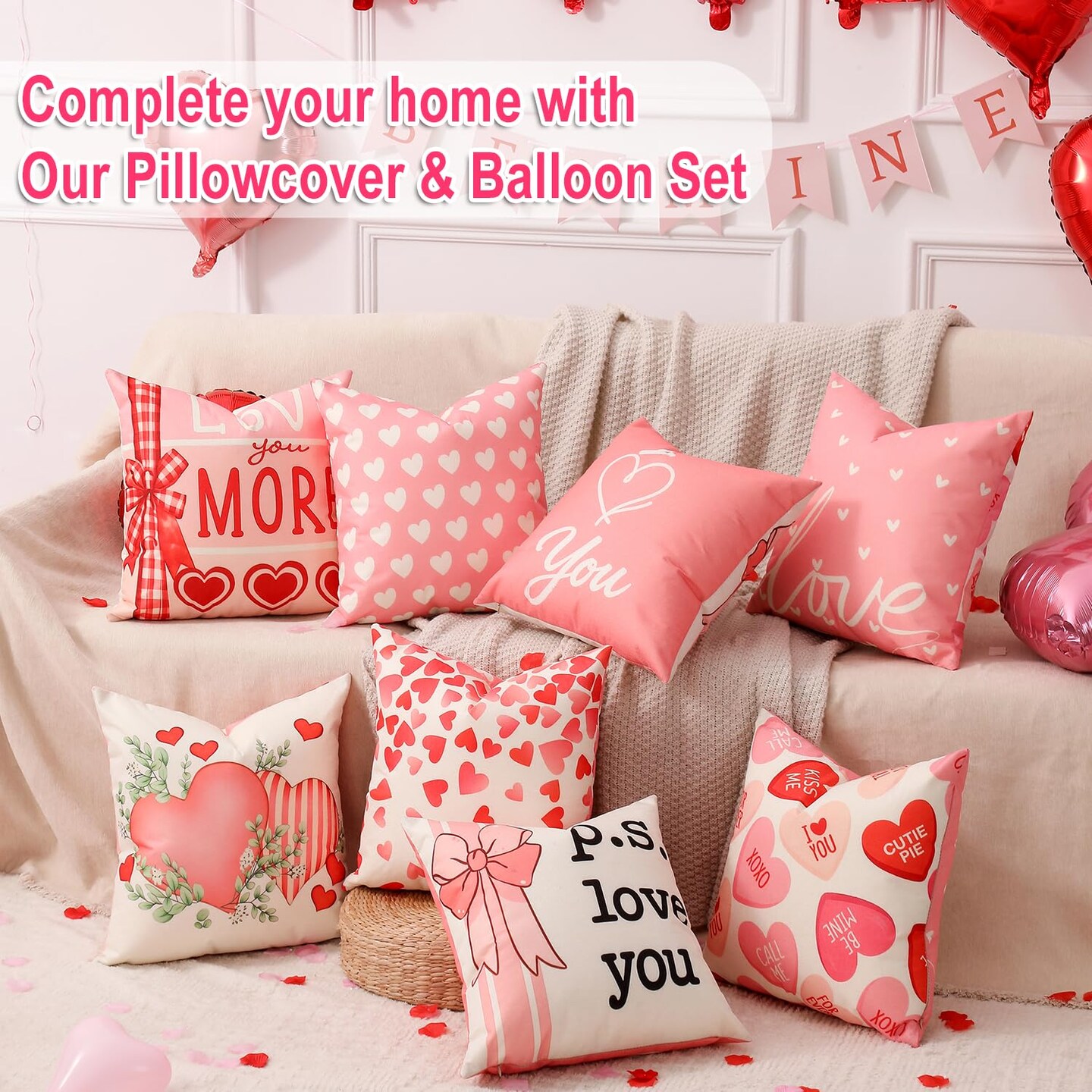 Valentine Decorations Set of 4 Double-Sided Valentine's Day Throw Pillow Covers 18" x 18", Reversible 8 Designs, with 16 pcs Heart & Love Balloons, Stickers, Complete Valentines Decor Kit