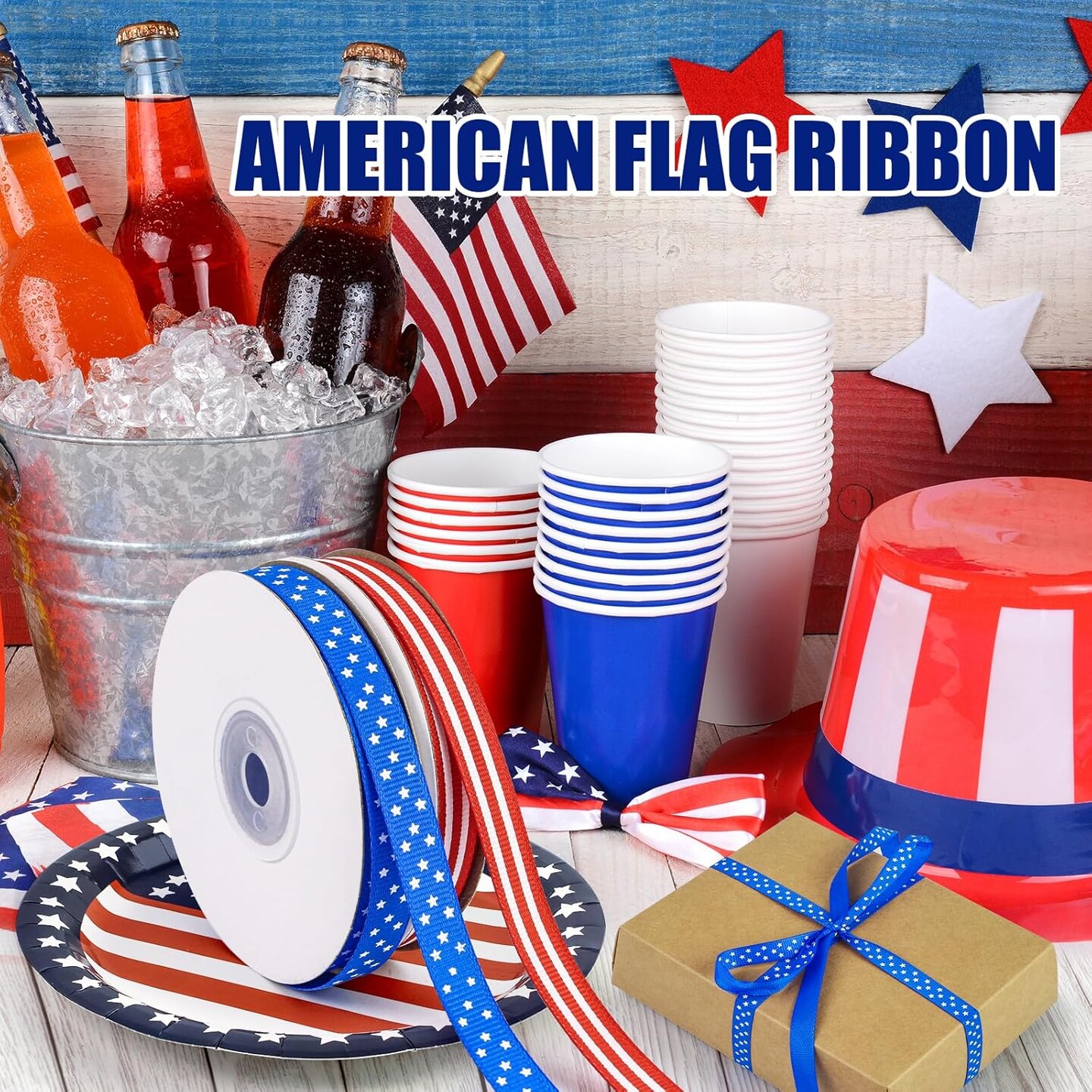 2 Rolls 50 Yards Patriotic Grosgrain Ribbon – 3/8" Red, White & Blue Stars and Stripes Ribbon for 4th of July, Memorial Day, Independence Day & DIY Crafts