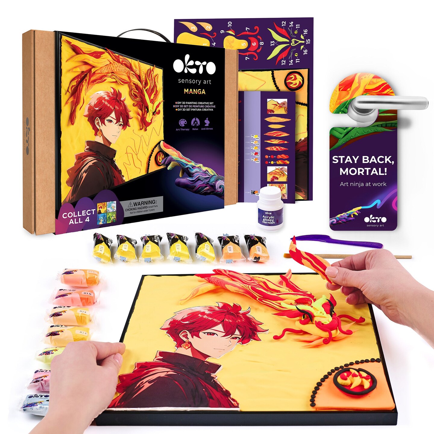 OKTO Manga Elements &#x2014; Fire &#x2014; 3D Clay Canvas Kit (11.8&#xD7;15.7 in) &#x2014; Ages 10+