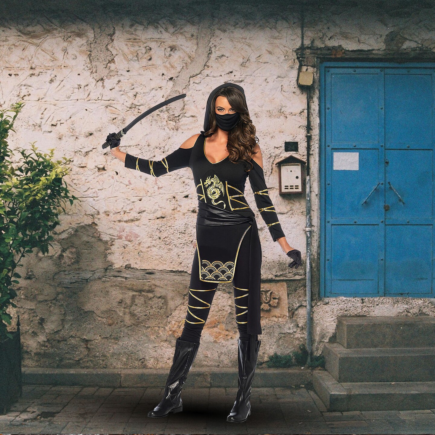 Womens Ninja Stealth Costume Hooded Catsuit With Gold Dragon Accents