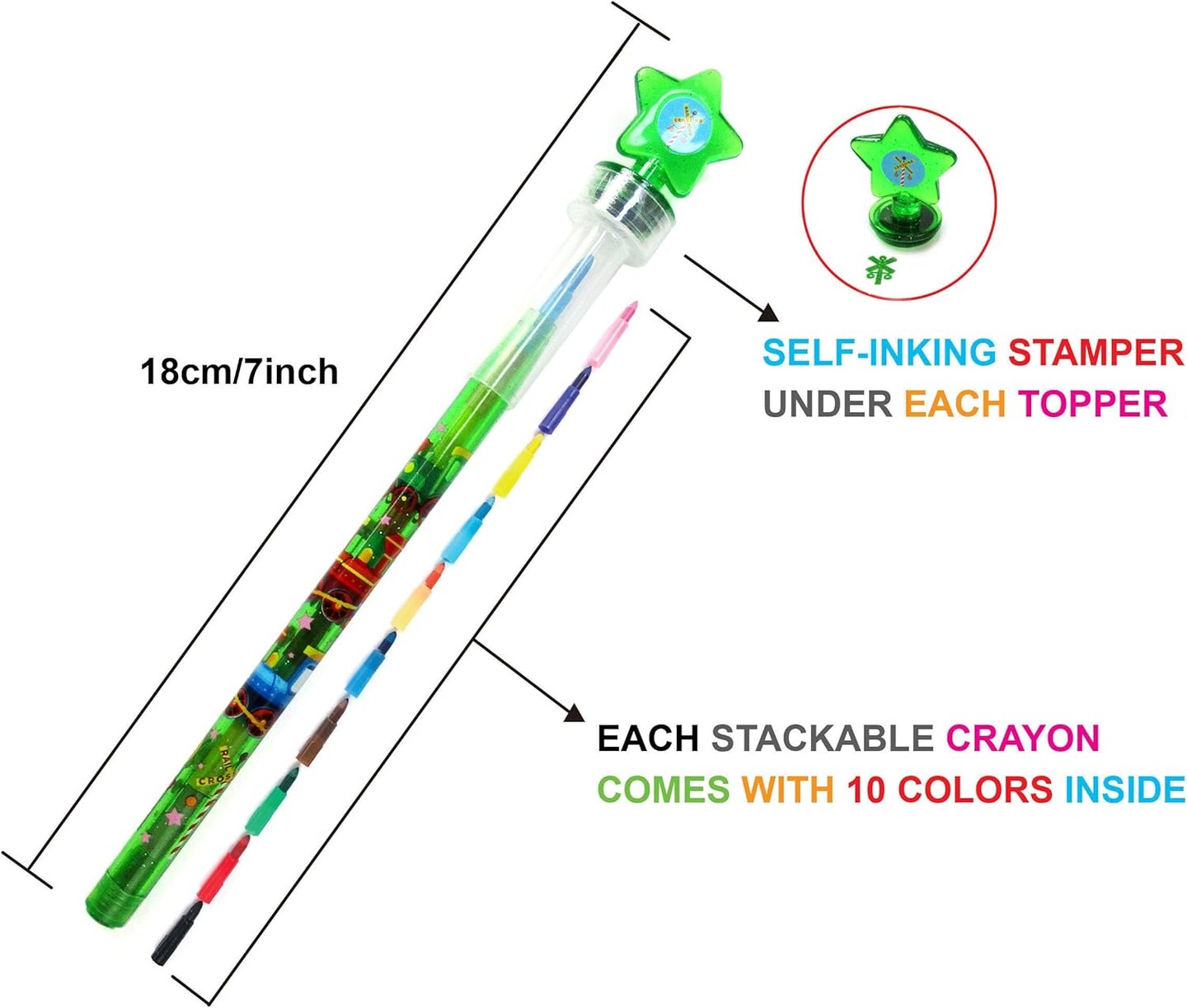 TINYMILLS 24 Pcs Train 2 in 1 Stacking Crayons with Stamp Topper