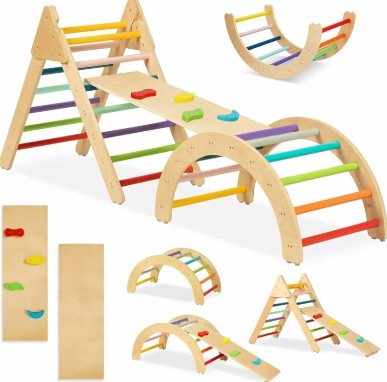 Pikler Triangle Set 7-in-1 Foldable Pikler Triangle Climbing Toys Set for Kids Baby Indoor Playground Jungle Gym, Wooden Montessori Climbing Set for Toddler