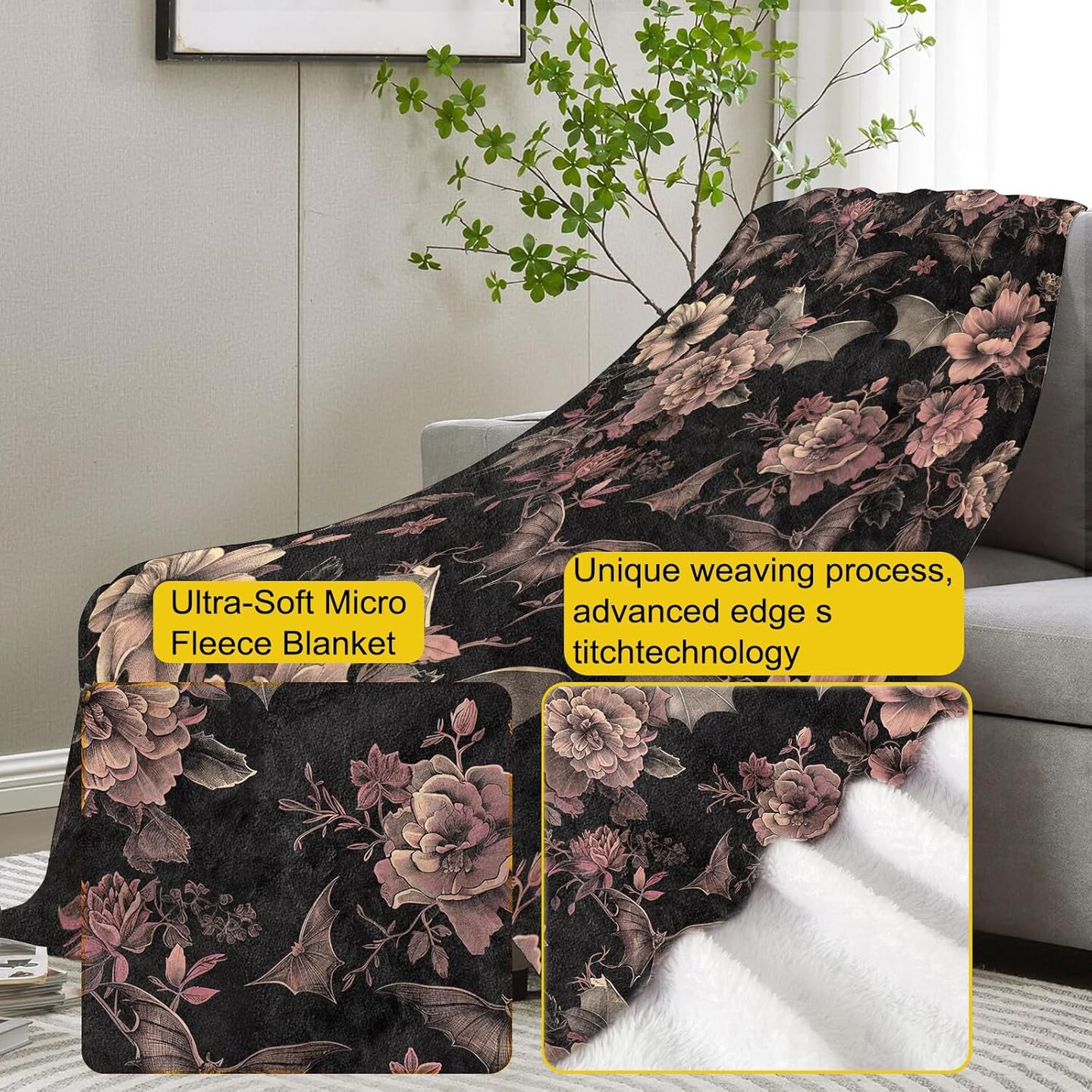 Gothic Blanket, Floral and Bat Halloween