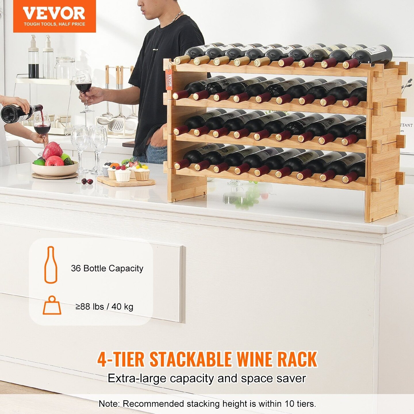 VEVOR-42.13" x 6.30"-Brown-Modular Stackable Wine Rack for 36 Bottles-1 Piece
