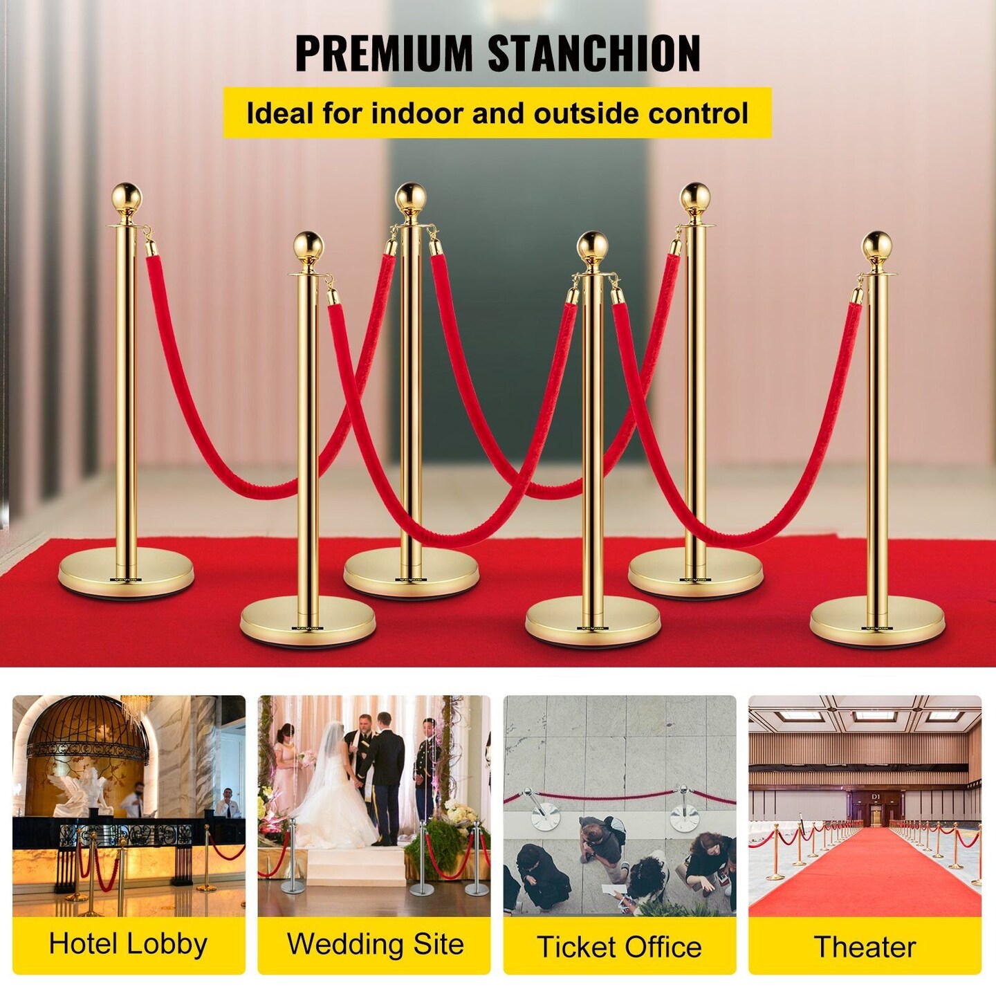 Edge Collections-38"-Gold-Elegant Crowd Control Stanchion Set with Velvet Ropes-6 Pieces