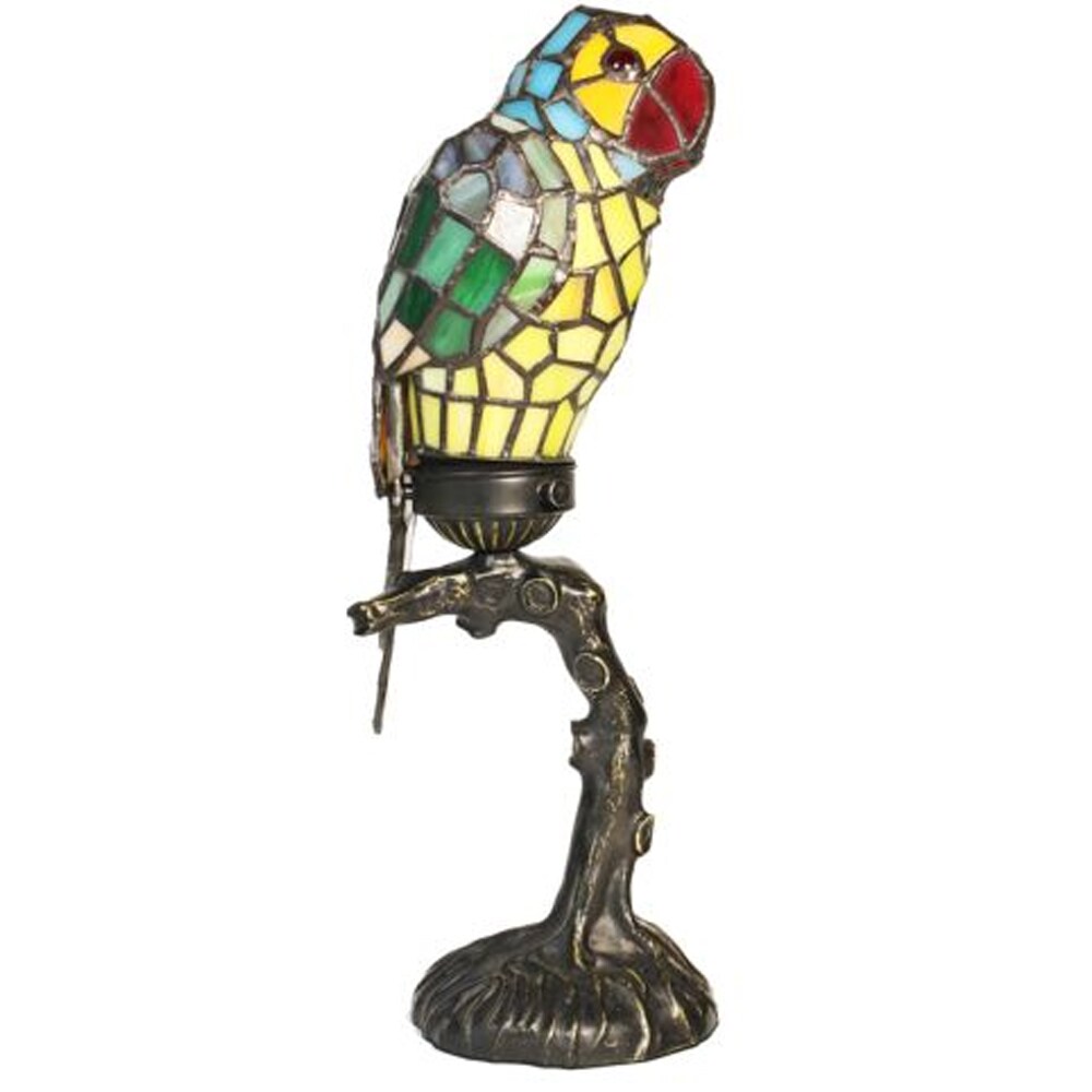 Blue Parrot Stained Glass Lamp with Satin Bronze Finish Base - Perfect for a Living Room, Bedroom, Office, & More