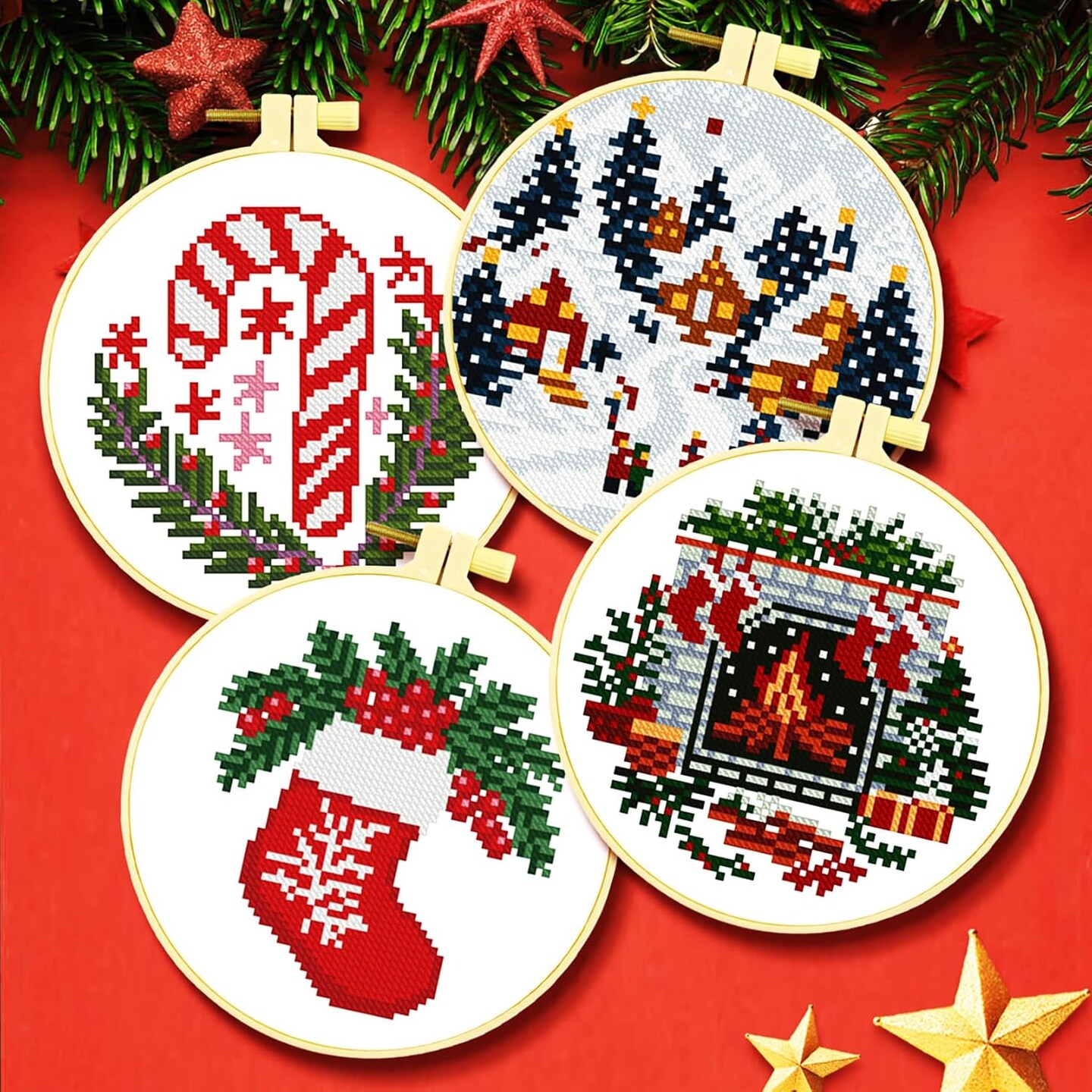 11 Count Stamped Cross Stitch Kits for Adults Beginners, Hand Embroidery Christmas Ornaments kit
