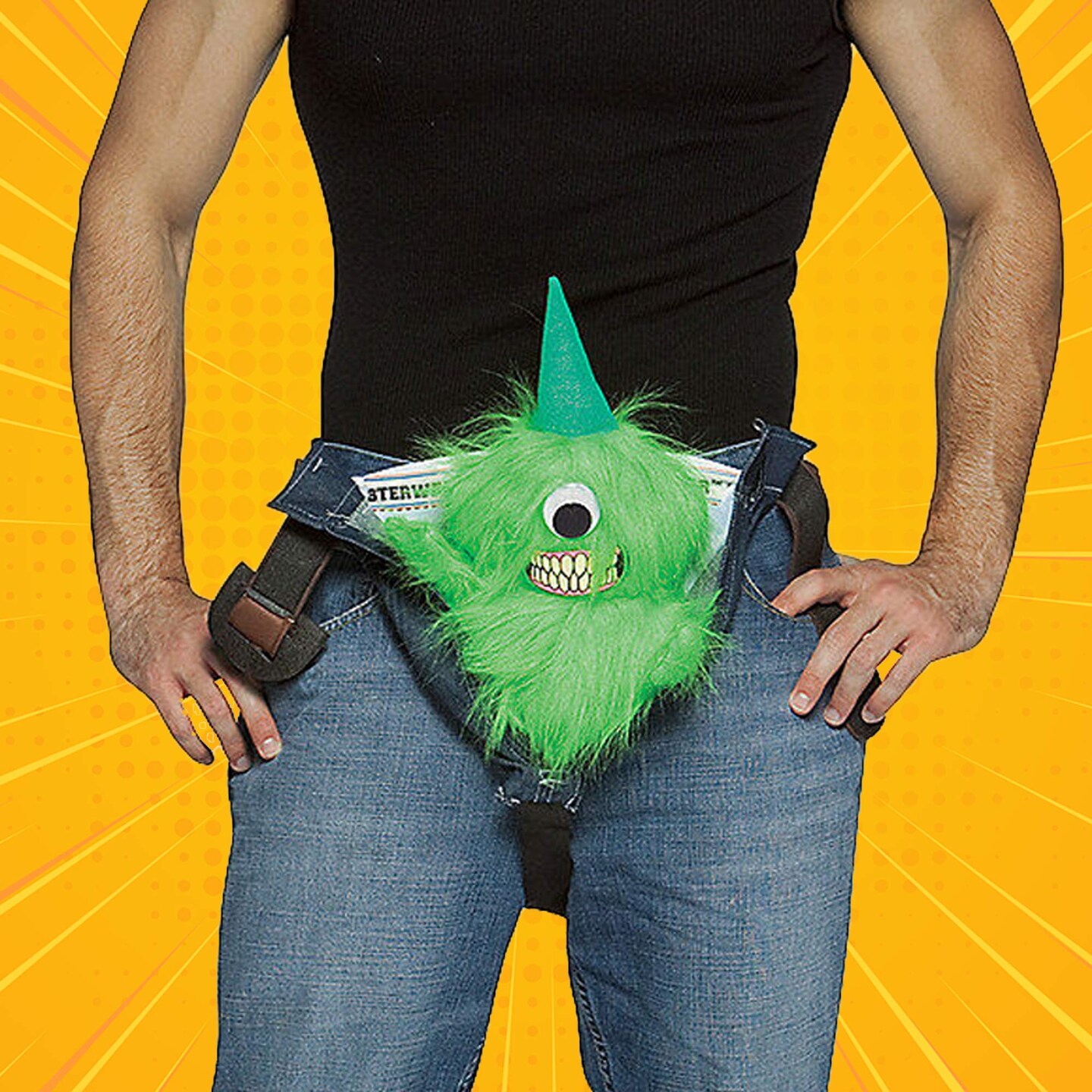 Furry Green One Eyed Monster, Costume Codpiece Funny Halloween Gag Wearable Accessory