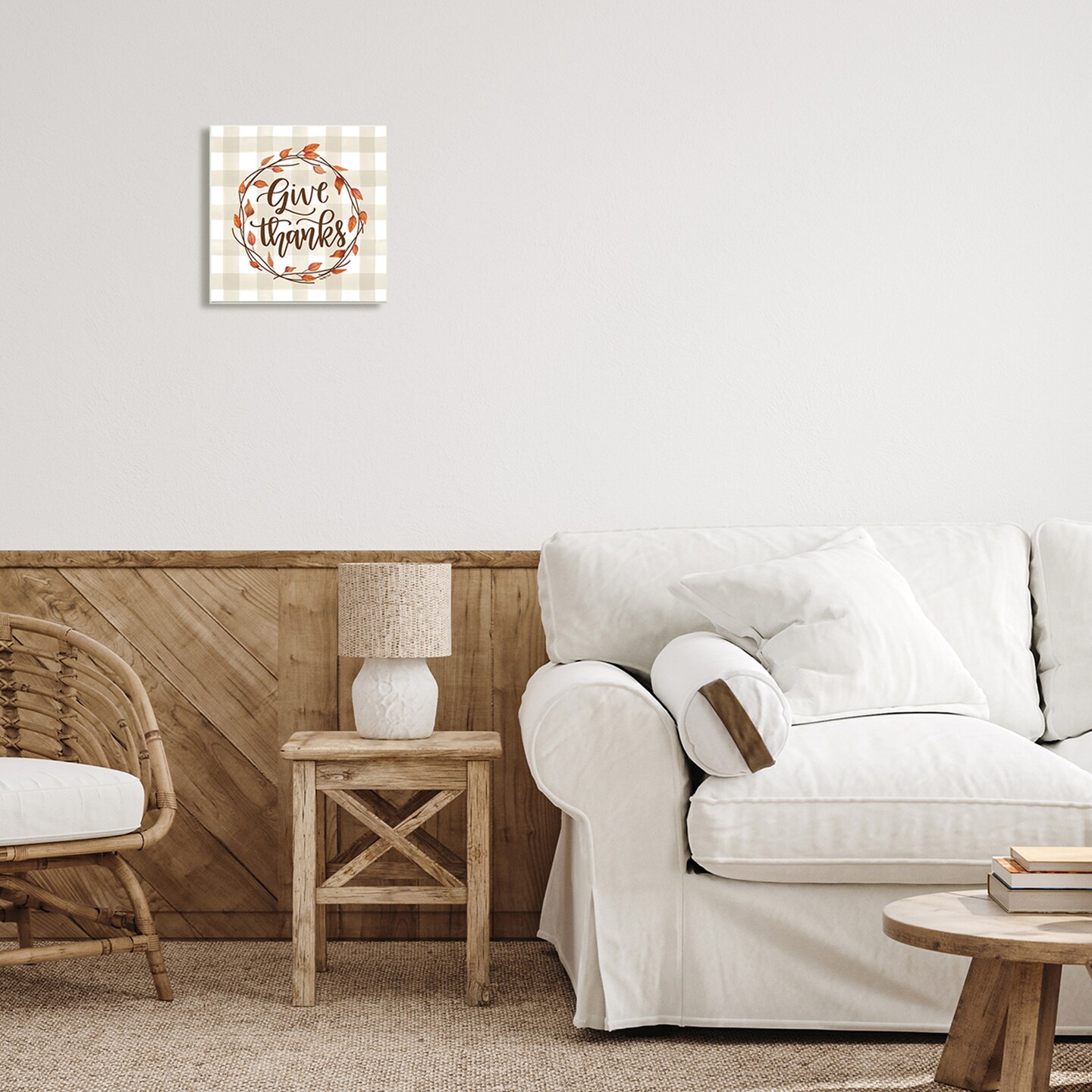 Give Thanks Neutral Plaid Autumn Leaves Wreath Wall Plaque Art