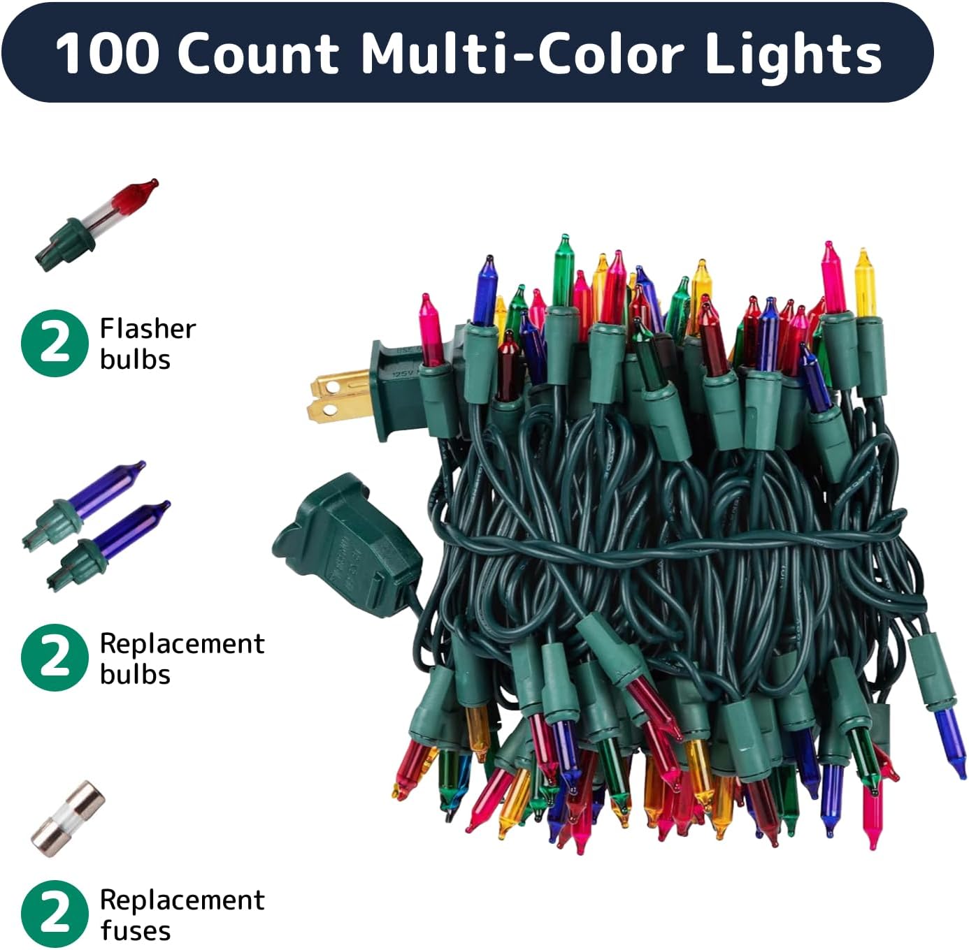 100-Count 20ft Multicolor Christmas String Lights – Incandescent Indoor & Outdoor Lights with Green Wire for Trees, Patios, Fences, and Holiday Decorations (Multicolor)