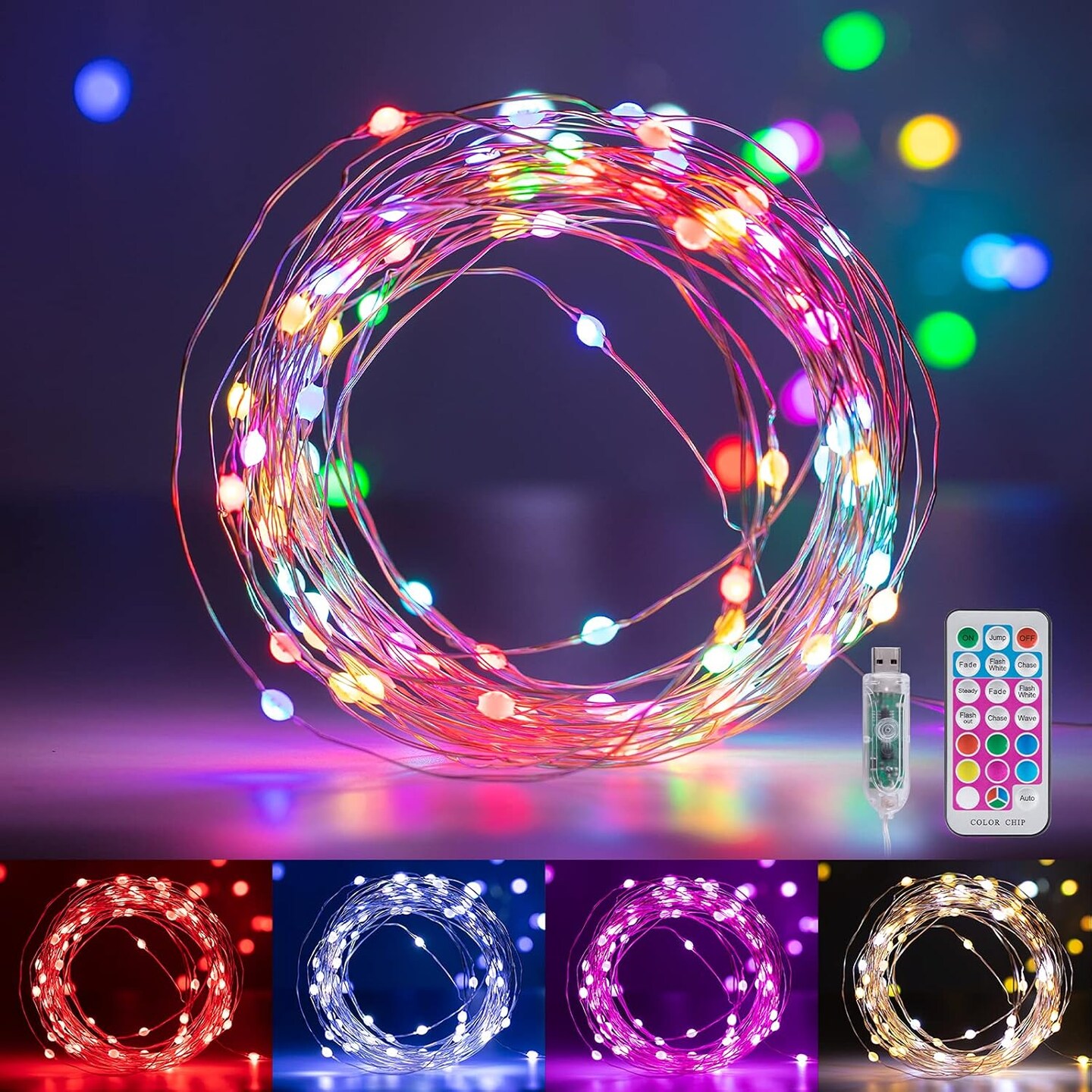 33FT 100 LED Color Changing Fairy Lights with USB & Remote, 11 Modes, Twinkle String Lights for Christmas, Bedroom, Classroom, Party, Indoor/Outdoor Use (7 Colors With Multicolor)