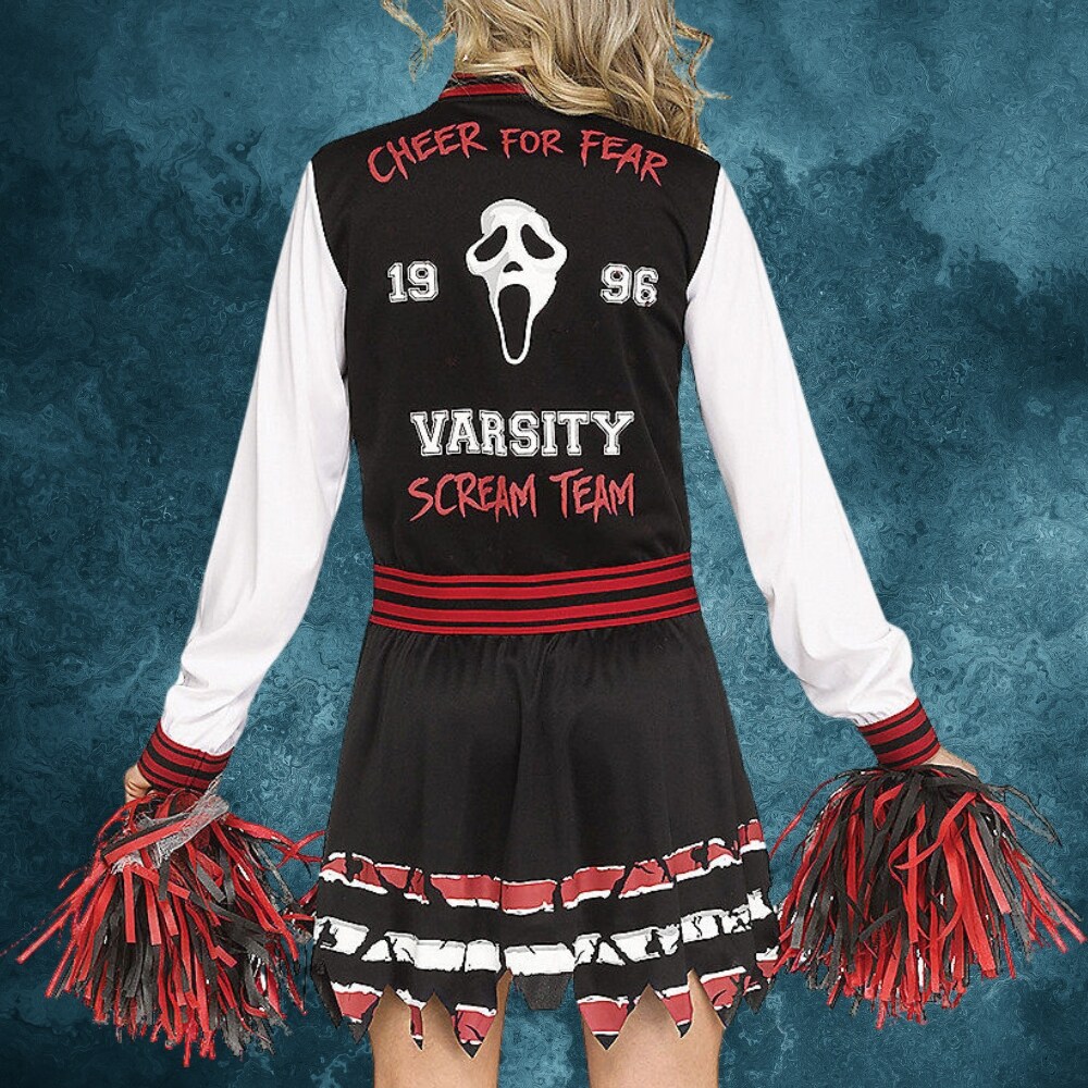 Scream for the Team Cheerleader Costume Adult Medium Large Halloween Varsity Dress Ghost Face Socks Pom Poms