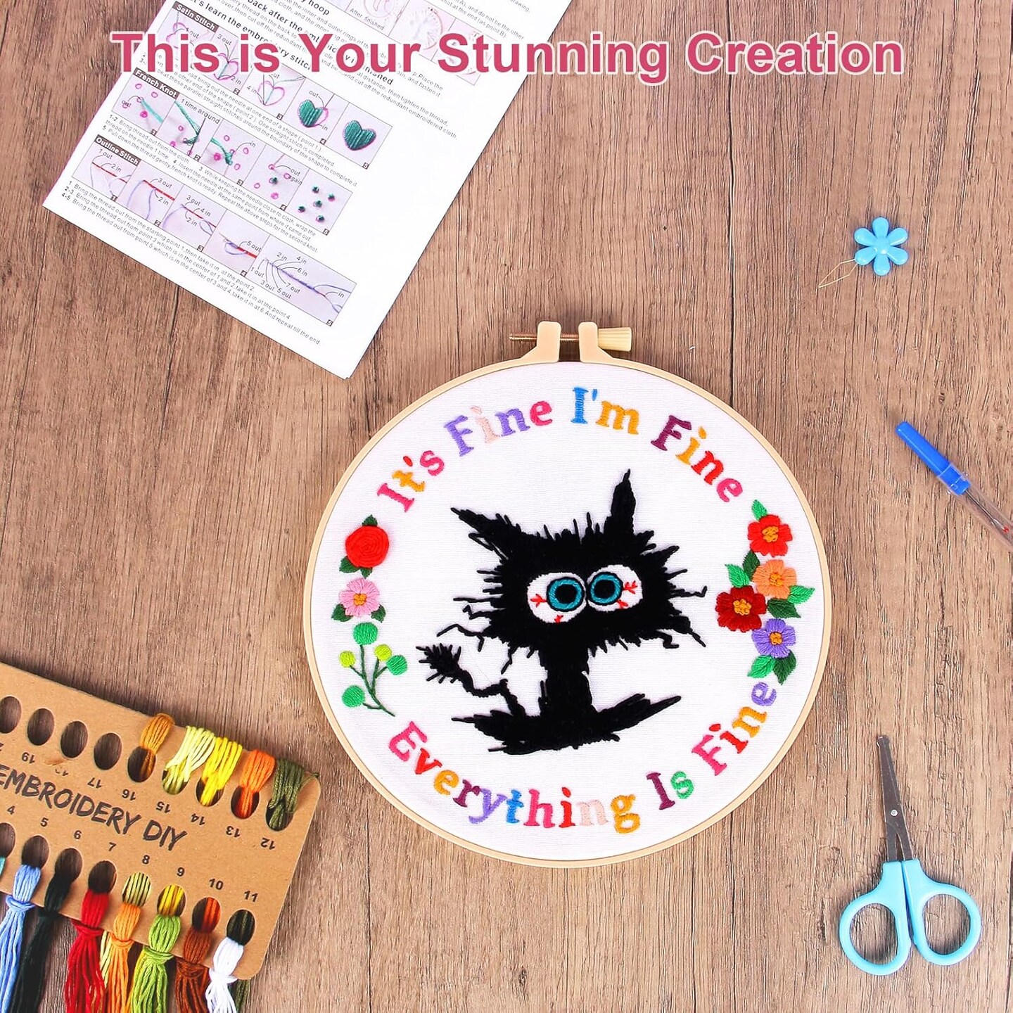 Cute Cat Embroidery Kits for Beginners, Adults Starter Cross Stitch Kit with Funny Animal Pattern