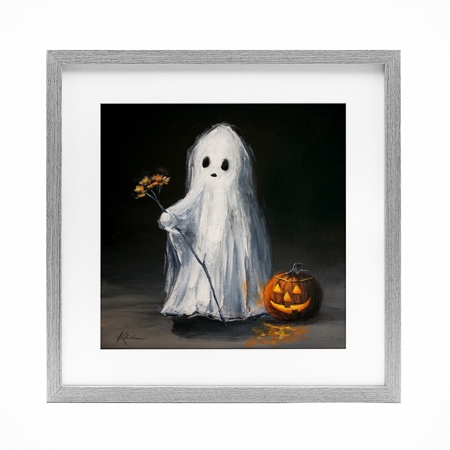 Vintage Halloween Ghost & Pumpkin Framed Print Under Glass Art