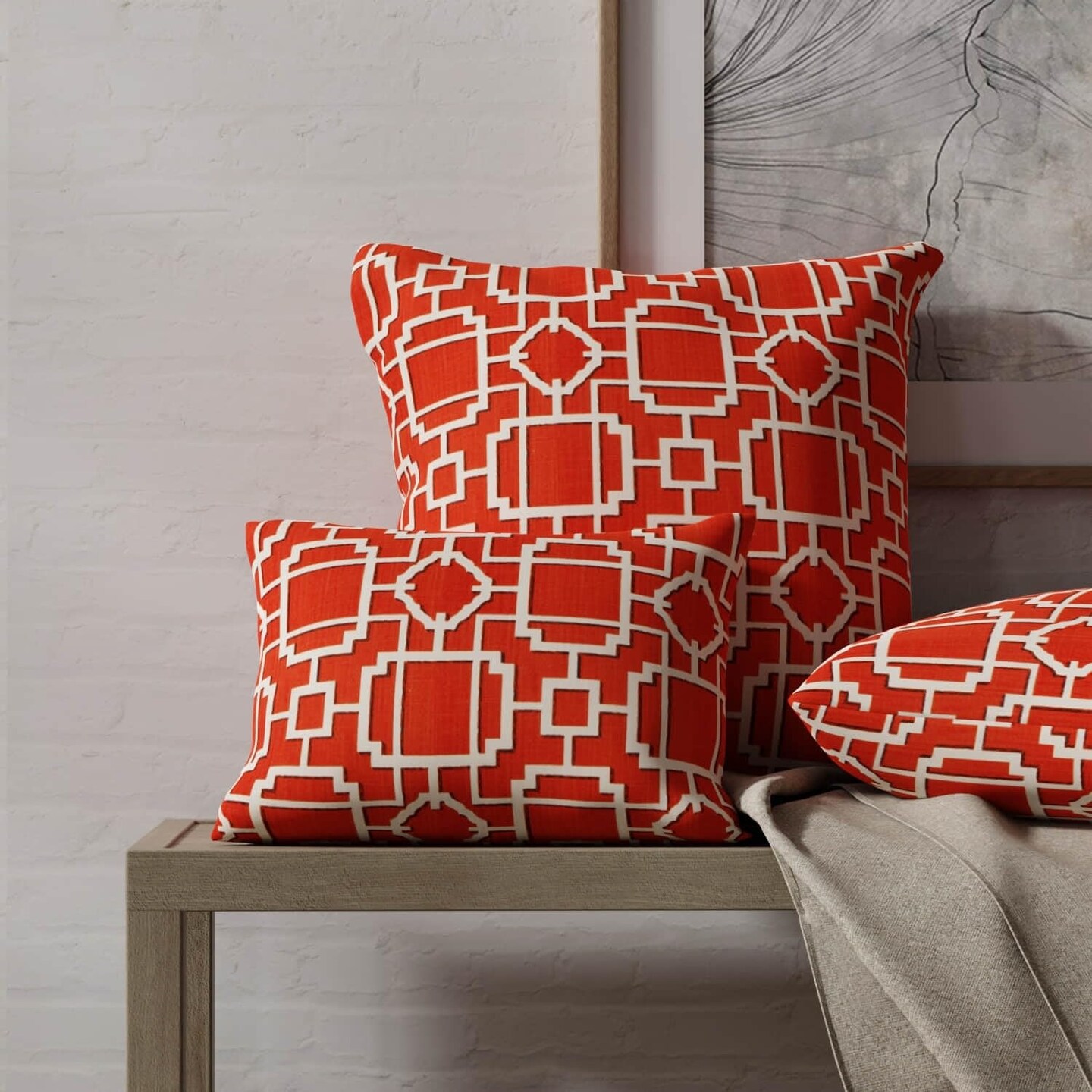 Orange Abstract Geometric Linen Look Print Upholstery Fabric by The Yard - SKU: Wescott Mandarin