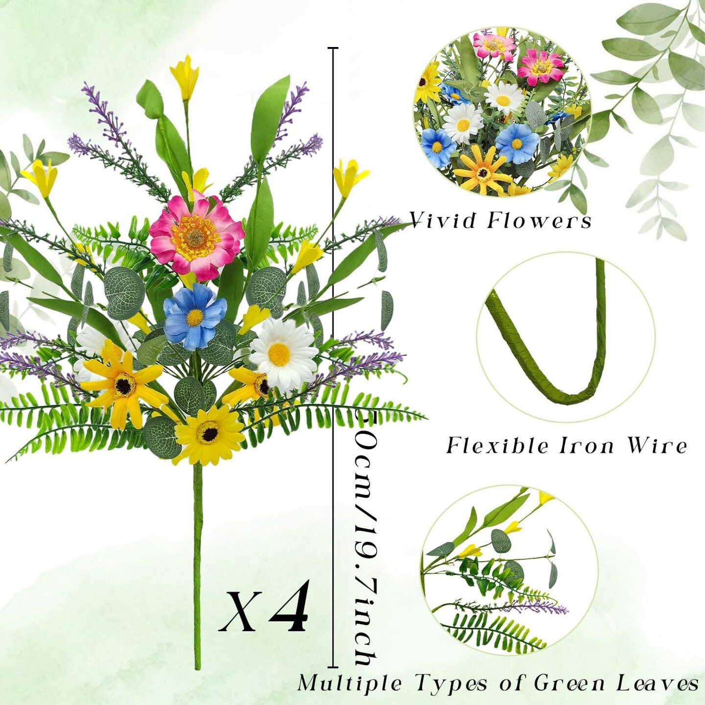 4 Bundles Artificial Daisy Wildflower Bouquet – Silk Spring Floral Stems for Home, Vase, Wedding & Party Decor