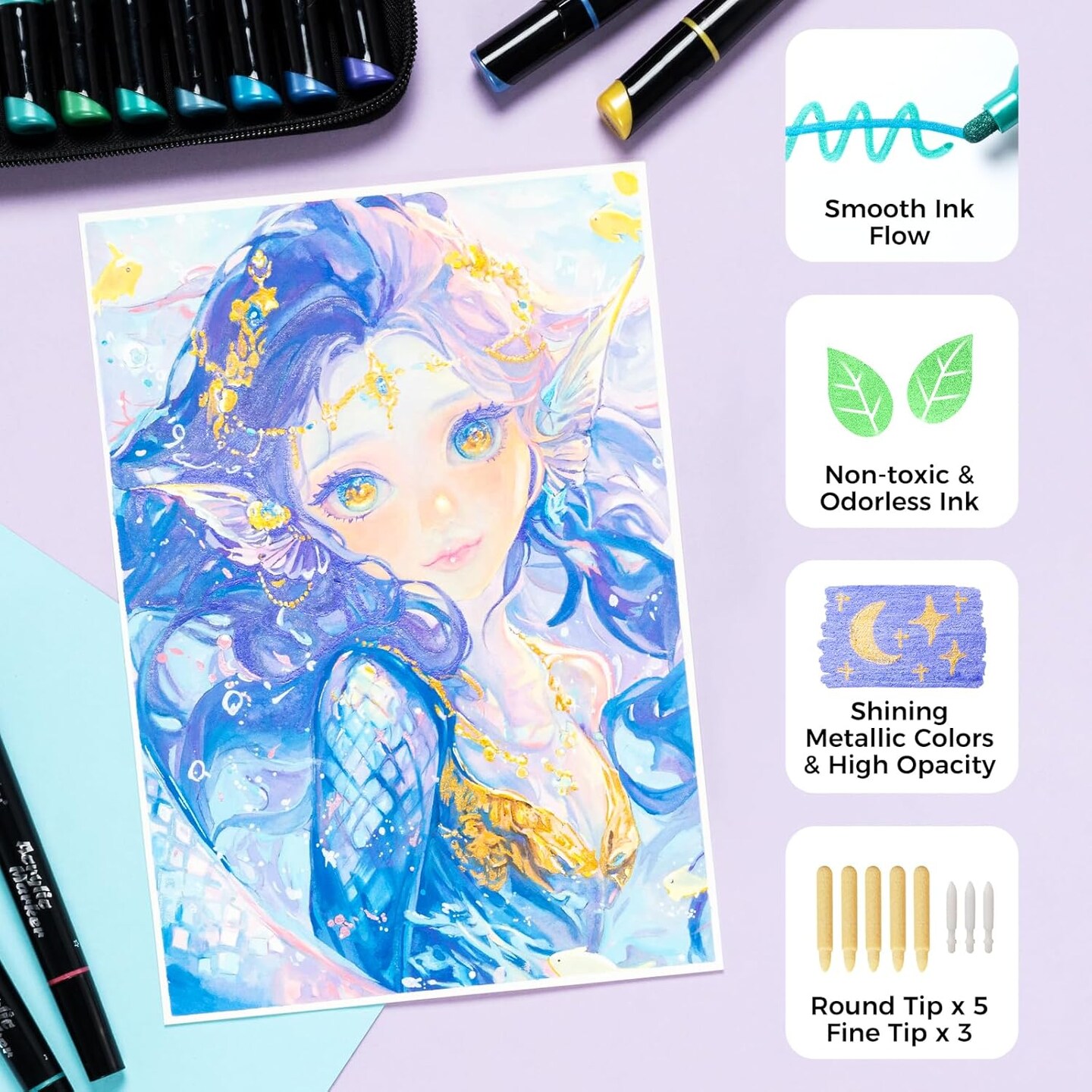 Ohuhu Acrylic Paint Pens 90 Colors: Dual Tips (Round &#x26; Fine) Acrylic Markers High Opacity Paint Markers Waterproof Lightfast for Rock Painting Easter Eggs Wood Glass Ceramic Canvas - Kakaako