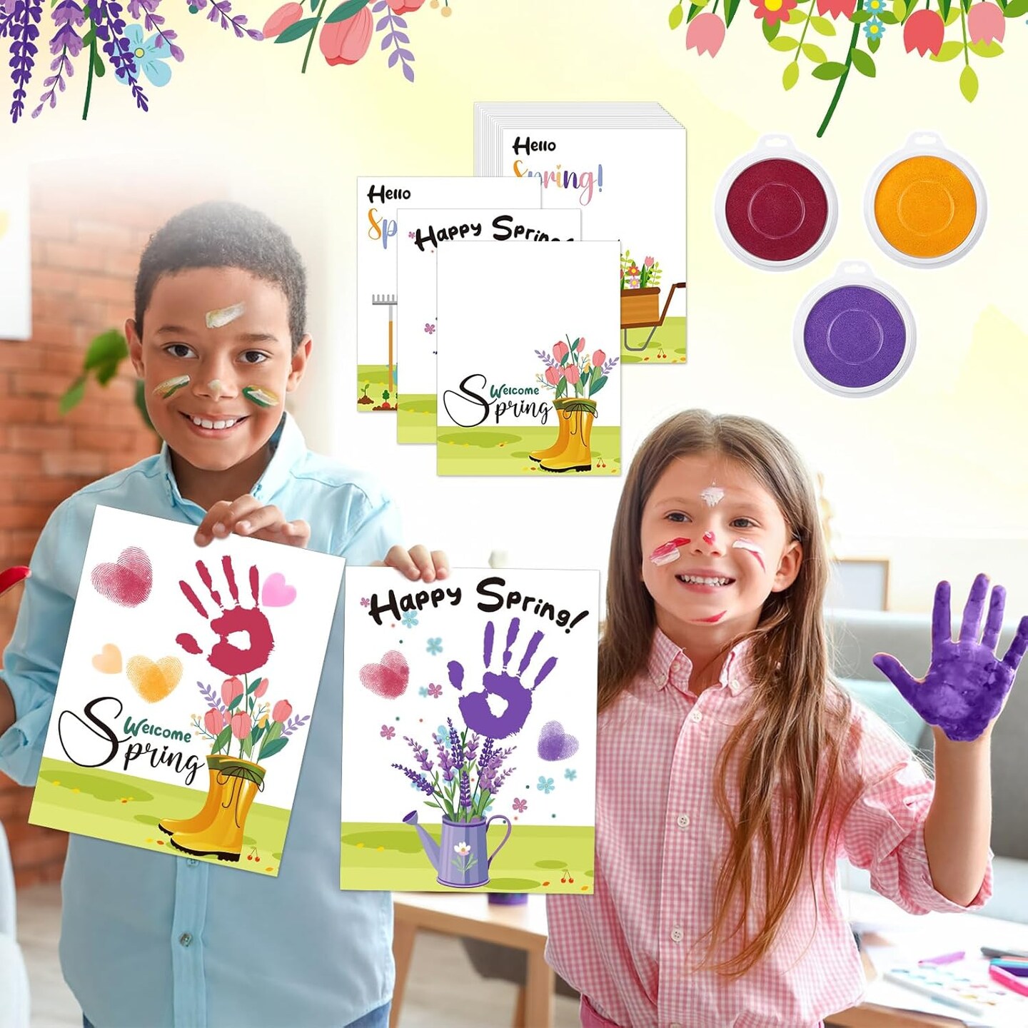 30 Pcs Spring Flower Handprint Activity Crafts Greeting Cards with 3 Pcs Large Ink Pads Spring DIY Craft Kits Break Activity Gift Supplies