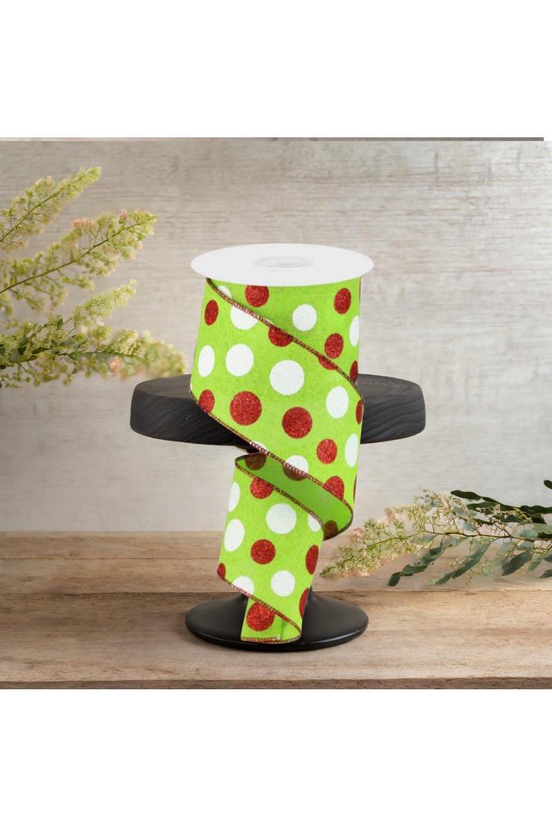 2.5&#x22; Multi Glitter Dots Ribbon: Lime Green, Red, White (10 Yards)