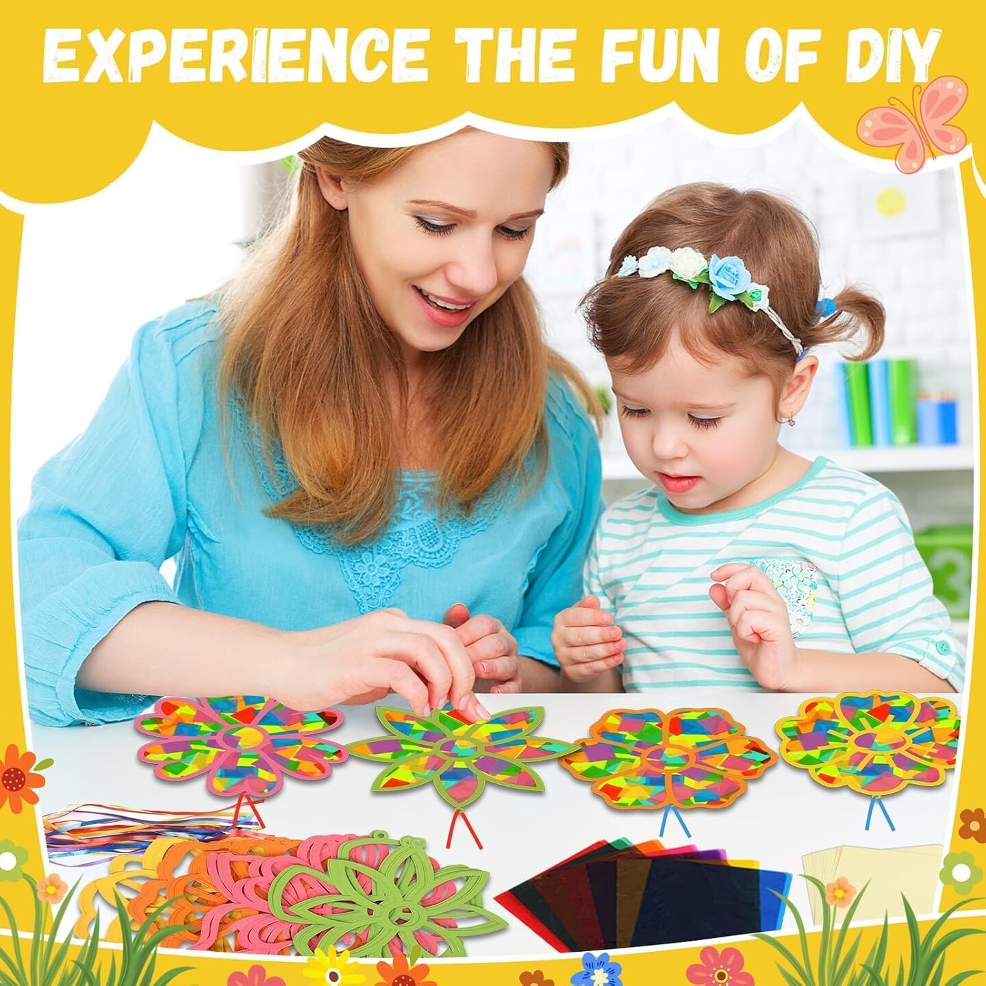 Flower Spring Suncatchers Crafts Kit DIY Floral Window Stained Glass Effect Paper Spring Home School Classroom Decoration Art Craft Creative Activity Project