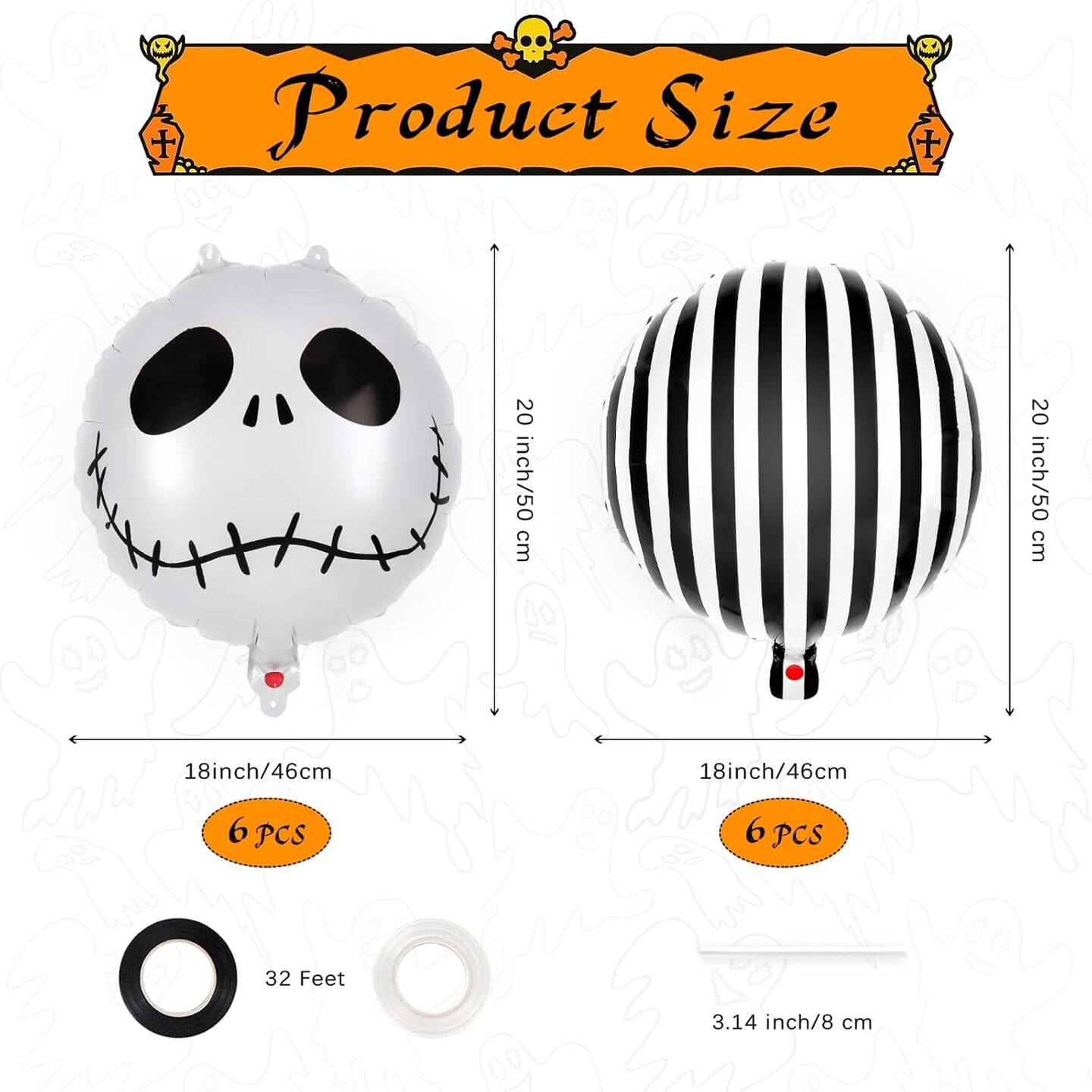 12 Pcs Black and White Skeletons Striped Foil Balloons(Skull and Strip)