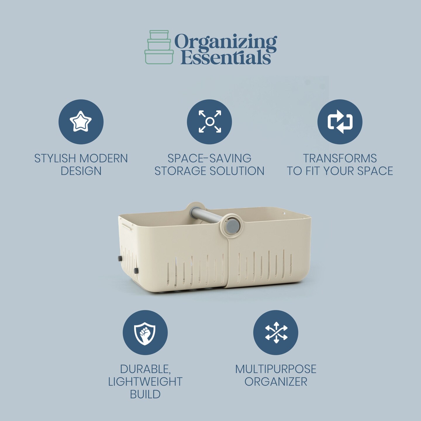 Organizing Essentials Multipurpose Transform Basket – Adjustable Shape Storage Bin with Handle – Cream Plastic Organizer for Kitchen, Bathroom, or Laundry – Convertible Caddy for Pantry and Countertops