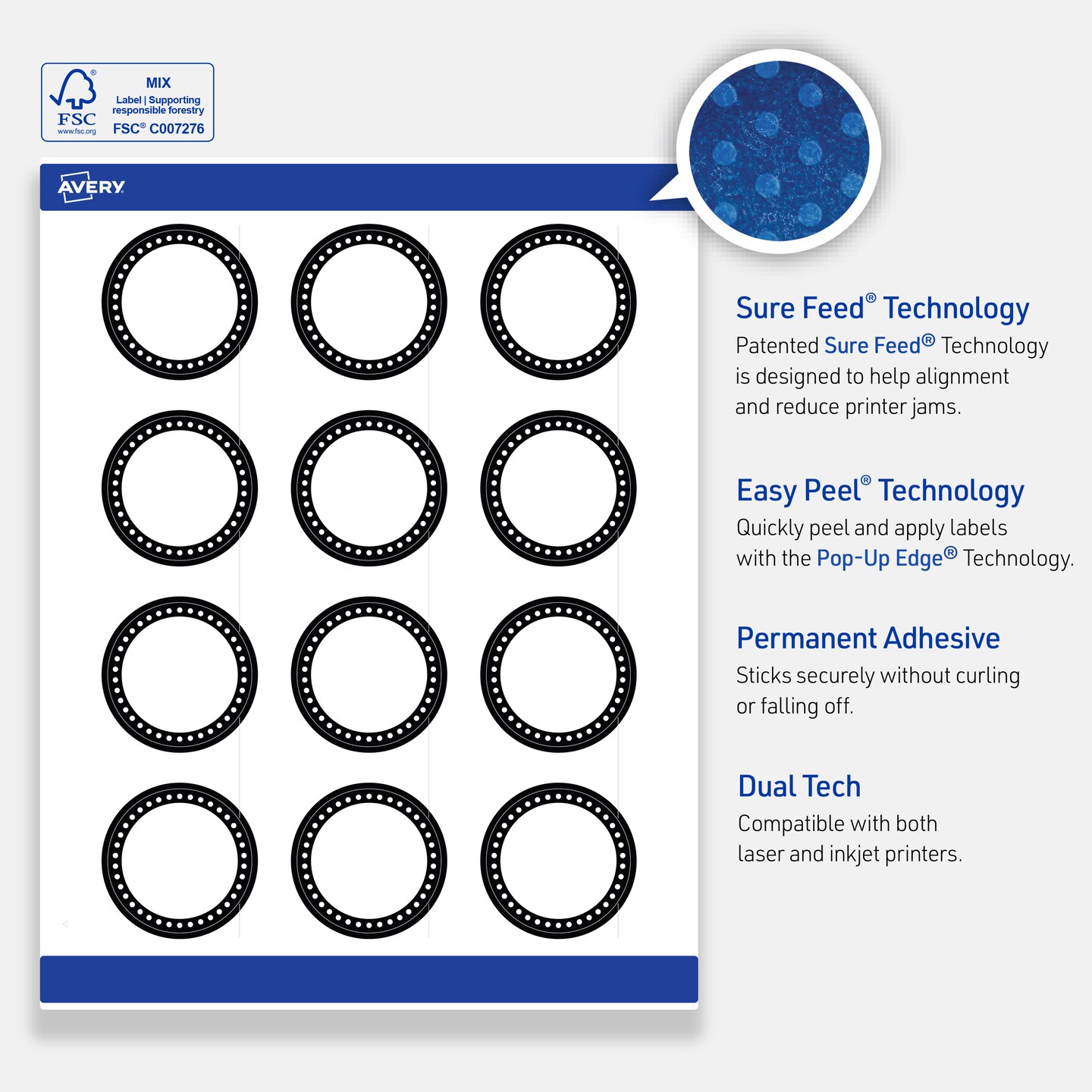 Avery Printable Round Labels with Sure Feed Technology, Black & White Polka Dots Design, 2" Diameter, Matte White Permanent Labels, Laser/Inkjet, 120 Total, Great for Product Labels