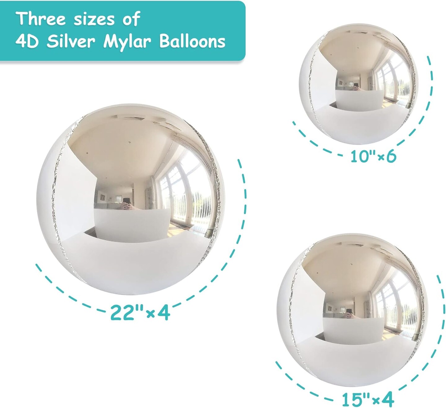 14pcs Mylar Balloons - 22in, 15in, 10in Different Sizes Large Metallic Silver Foil Balloons Chrome Decor | 360 Degree 4d Round Helium Balloon