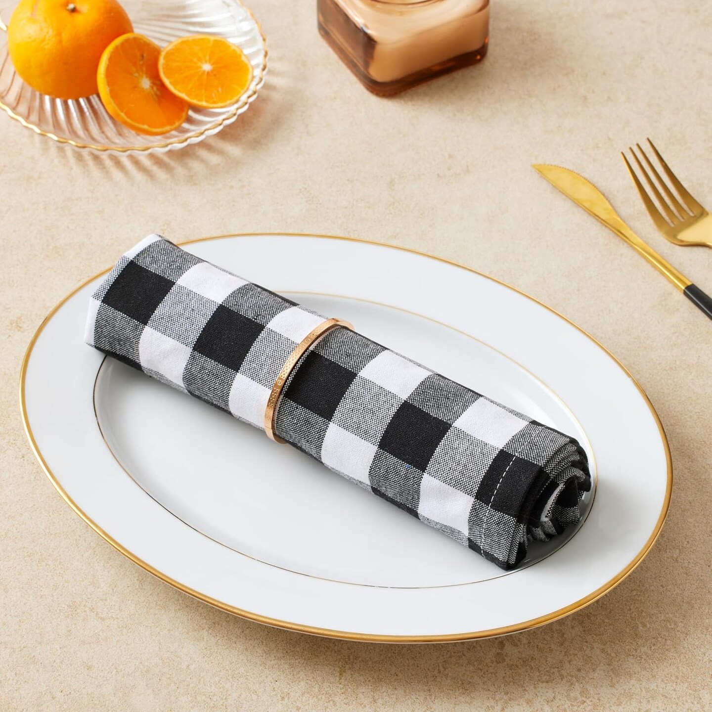 12 Pack Dinner Napkins, 18x18 Inches, Buffalo Plaid Gingham Check Cloth Napkins with Mitered Corners, 100% Cotton Hotel Quality Reusable, Washable (Black/White)