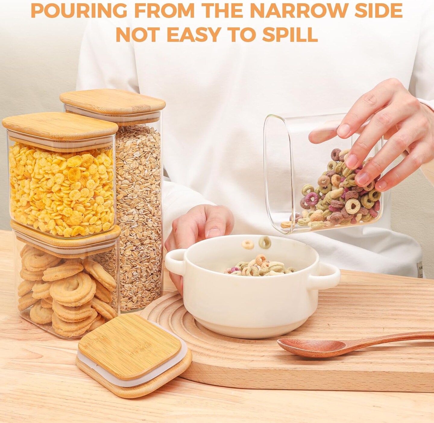 26oz Rectangle Glass Storage Containers with Lids, Glass Jars with Bamboo Lids, Clear Food Jar, Sugar Coffee Containers, Small Pantry Storage Container for Tea Candy Nuts Spices Oat