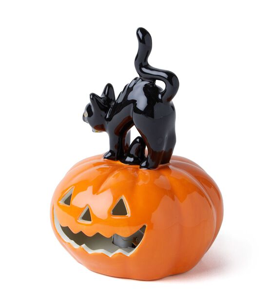 6&#x22; Orange Ceramic Pumpkin With Black Cat -Halloween LED