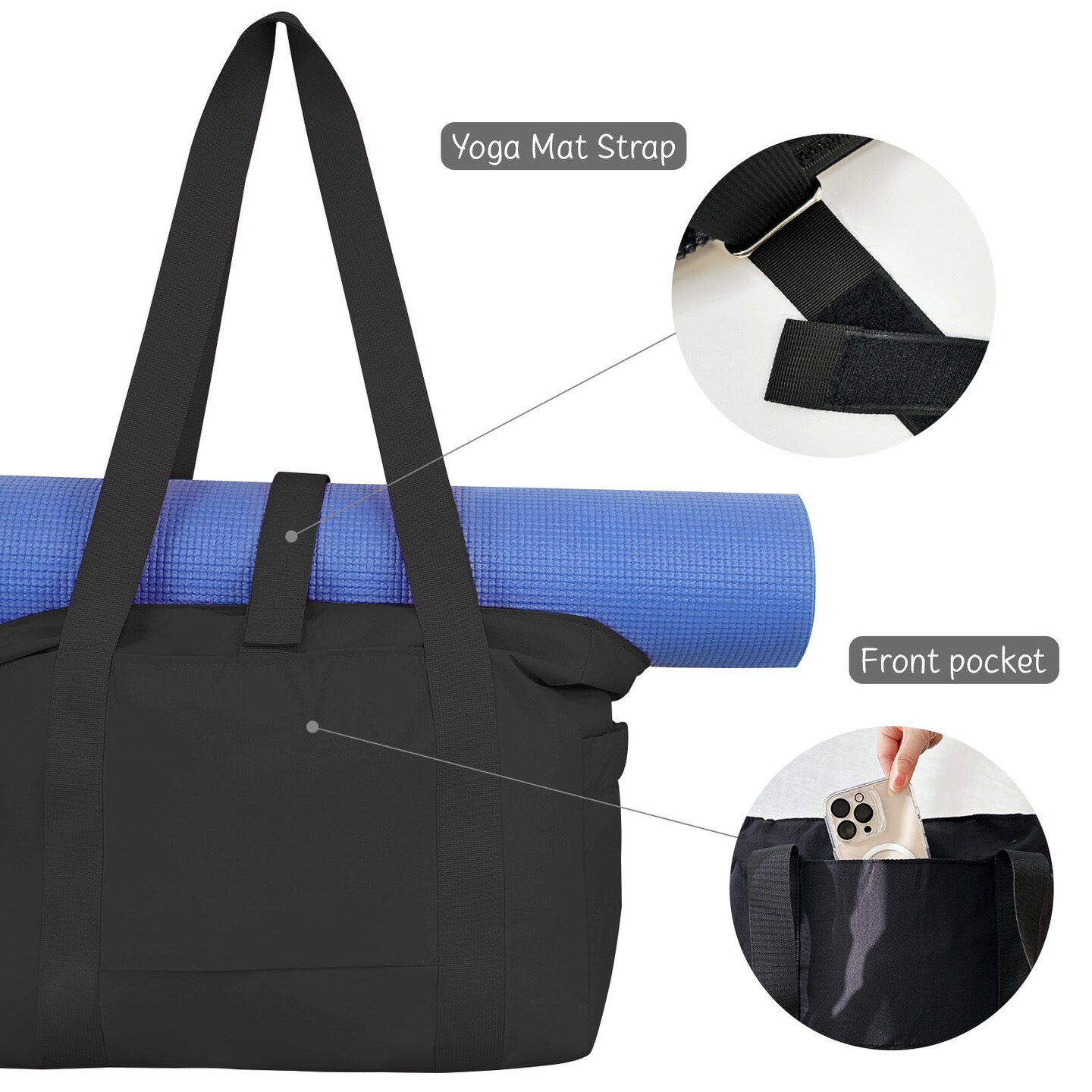 Wrapables Sporty Yoga Tote Bag, Gym, Work, Overnight and Travel Bag, Black