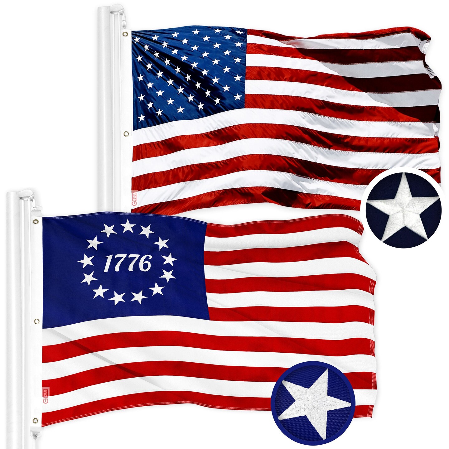 G128 Combo Pack: American USA Flag 6x10 Ft &#x26; Betsy Ross 1776 Flag 6x10 Ft | Both ToughWeave Series Embroidered 300D Polyester, Embroidered Design, Indoor/Outdoor, Brass Grommets