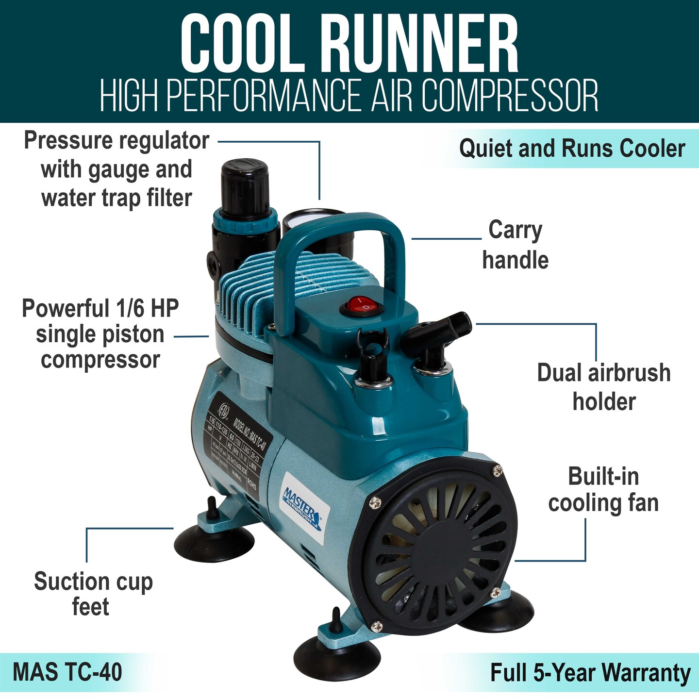 TC-40 - Cool Runner Professional High Performance Single-Piston Airbrush Air Compressor with 2 Holders, Regulator, Gauge, Water Trap Filter & Air Hose