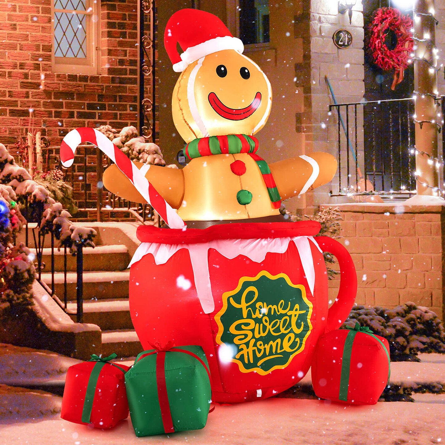 Costway 7 FT Christmas Inflatable Blow up Pre-Lit Gingerbread Man in Mug with Gift Boxes