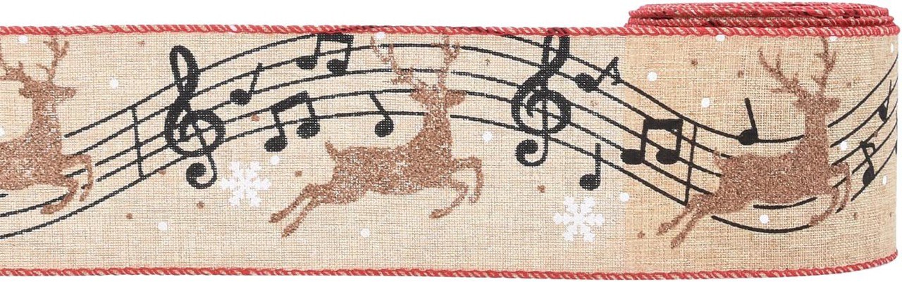 Christmas Deer Wired Ribbon Musical Note Burlap Jute Ribbon Wreath Ribbon for Xmas Home Decor,Gift Wrapping Bow Making DIY Crafts