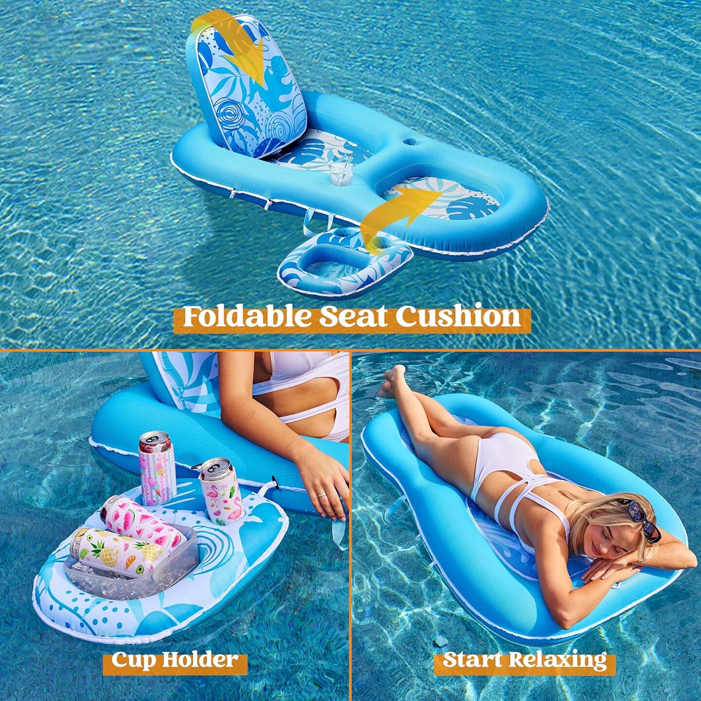 Pool Floats Lounger Adult, Fabric Pool Floaties Lounge Convertible 2-in-1 Floating Water Floaty with Cup Holders Adjustable Backrest Recliner