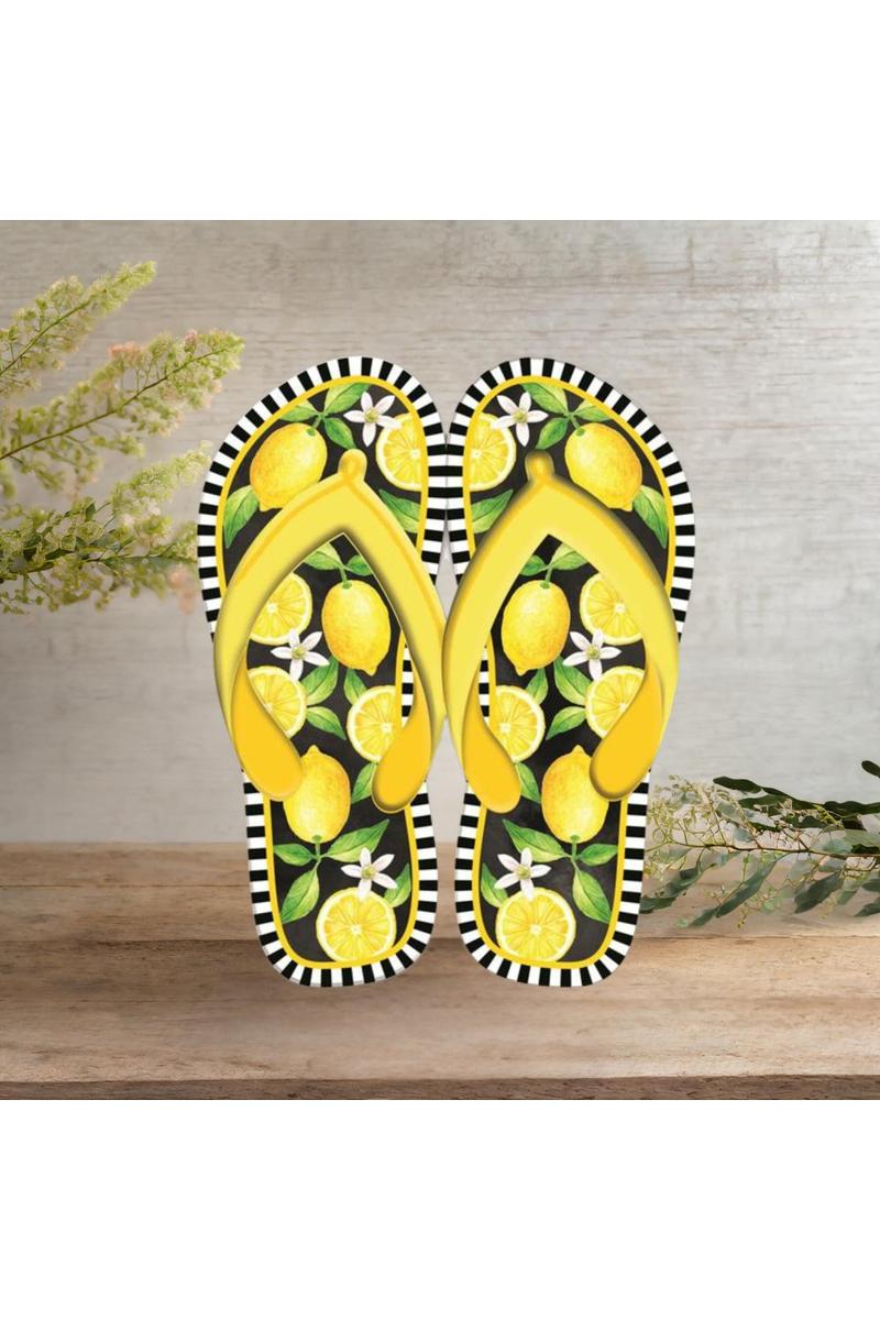 13&#x22; Metal Embossed Flip Flops: Lemon Black