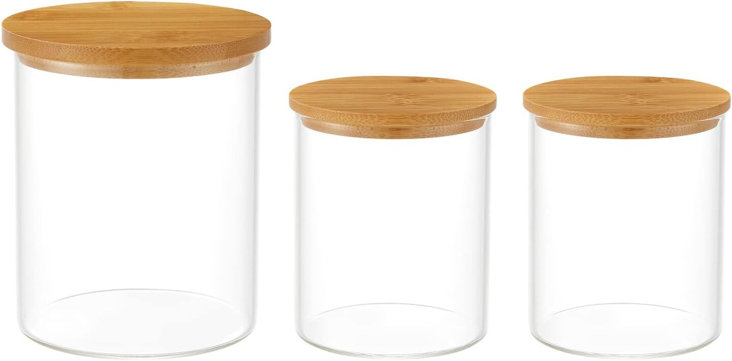 3-Pack Glass Q-Tip Holders – Clear Apothecary Jars for Cotton Swabs, Balls & Bathroom Storage (20oz & 11oz)