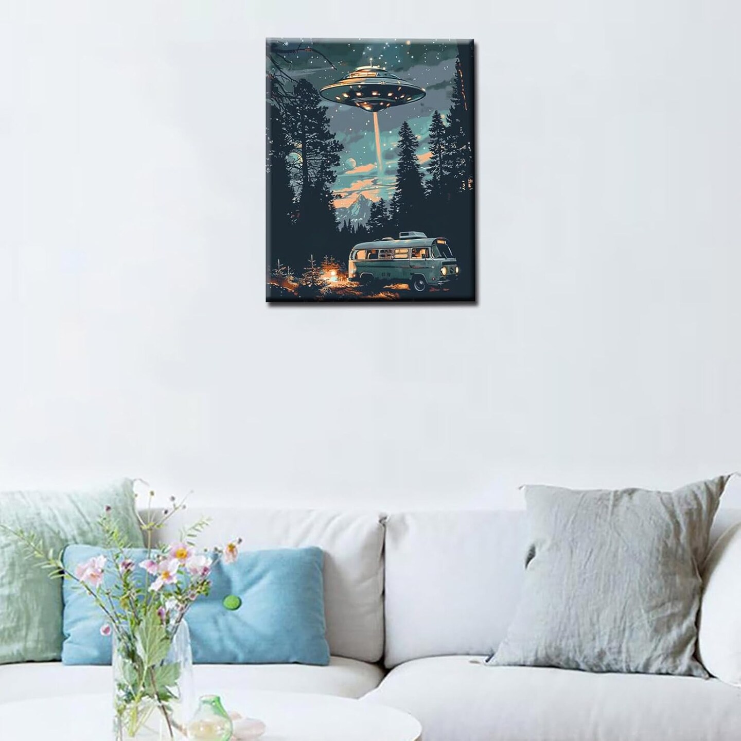 Starry UFO DIY Paint by Numbers for Adults Bus in Forest DIY Oil Painting Acrylic Paint Art Moon Stars Painting Kits Canvas with Acrylic Paint UFO Fantasy Decor 16x20 Inch (Without Frame )